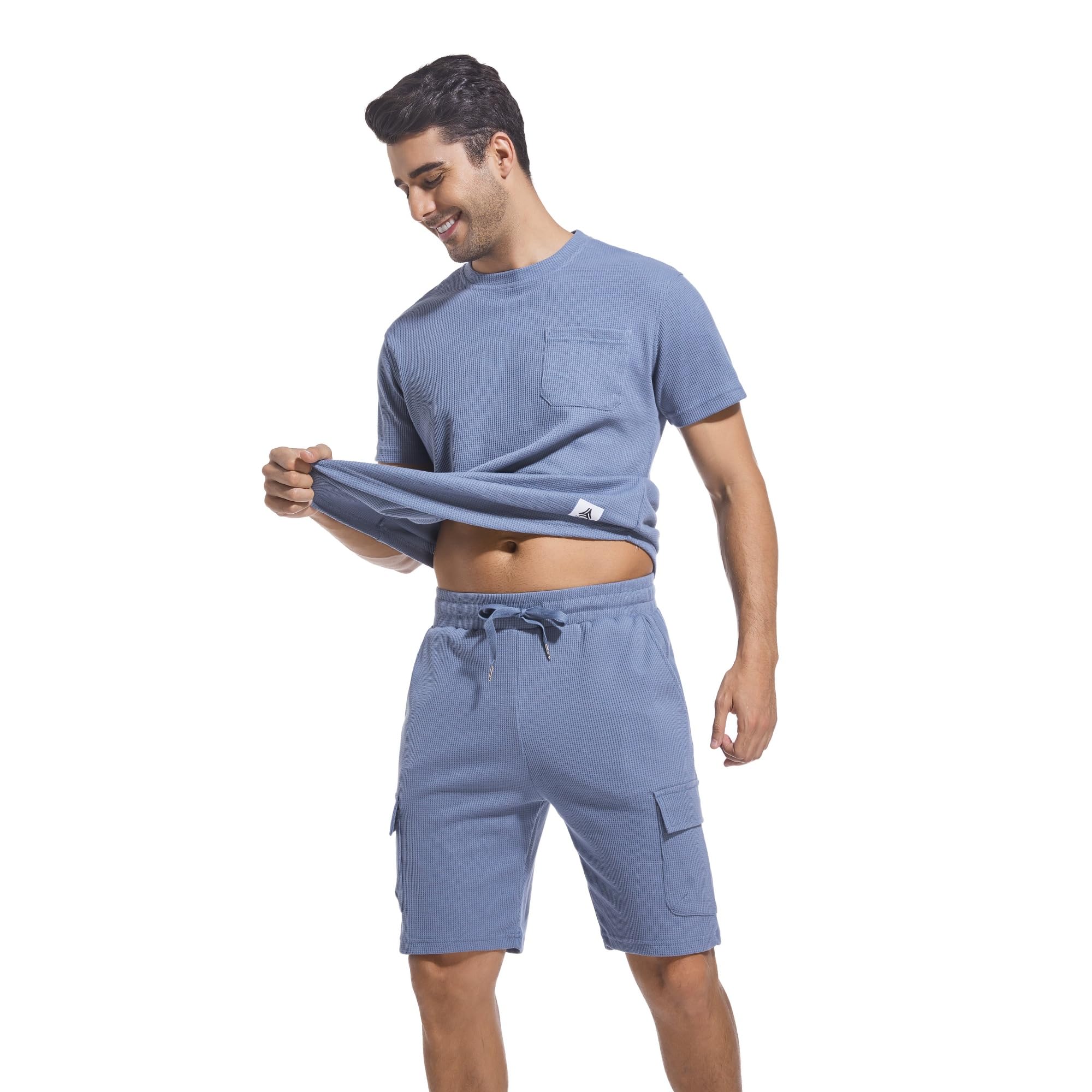 ANOTWENER Men's 2-Piece Casual Waffle Knit T-Shirt & Shorts Set - Summer Beach Vacation Outfit for Relaxing, Travel & Outdoor Activities