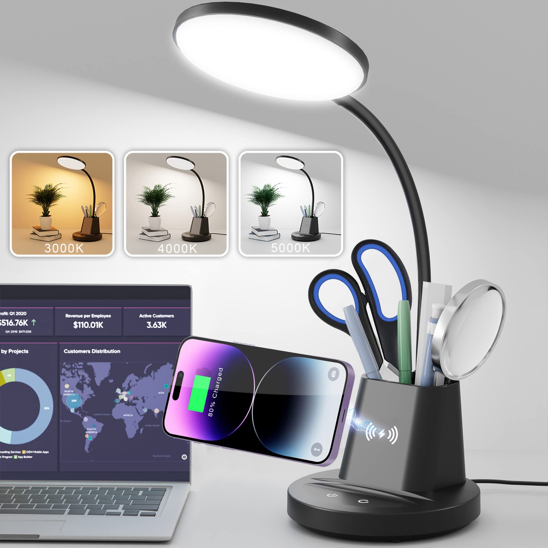 Sailstar LED Desk Lamp with Wireless Charger & Pen Holder - 800 Lumens, 3 Modes Dimmable Gooseneck Touch Light for Home Office, College Dorm Room - Perfect for Studying, Reading & Nightstand Use (Black)