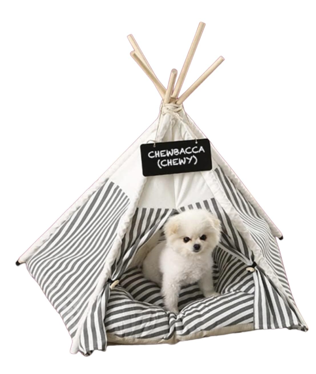Cozy Dog Teepee Bed for Small Dogs & Pets - Washable Soft Cushion Pet Tent House for Indoor Cats, Puppies & Rabbits with Removable Bed & Name Sign (Grey White Striped) - Perfect for Home, Nursery & Pet Play Areas