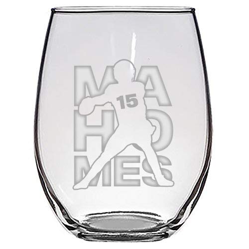 Laser Engraved Stemless Wine Glasses for Football Fans - Kansas City Chiefs Mahomes #15 Sports Gift - Perfect for Game Day Parties, Tailgating & Home Decor