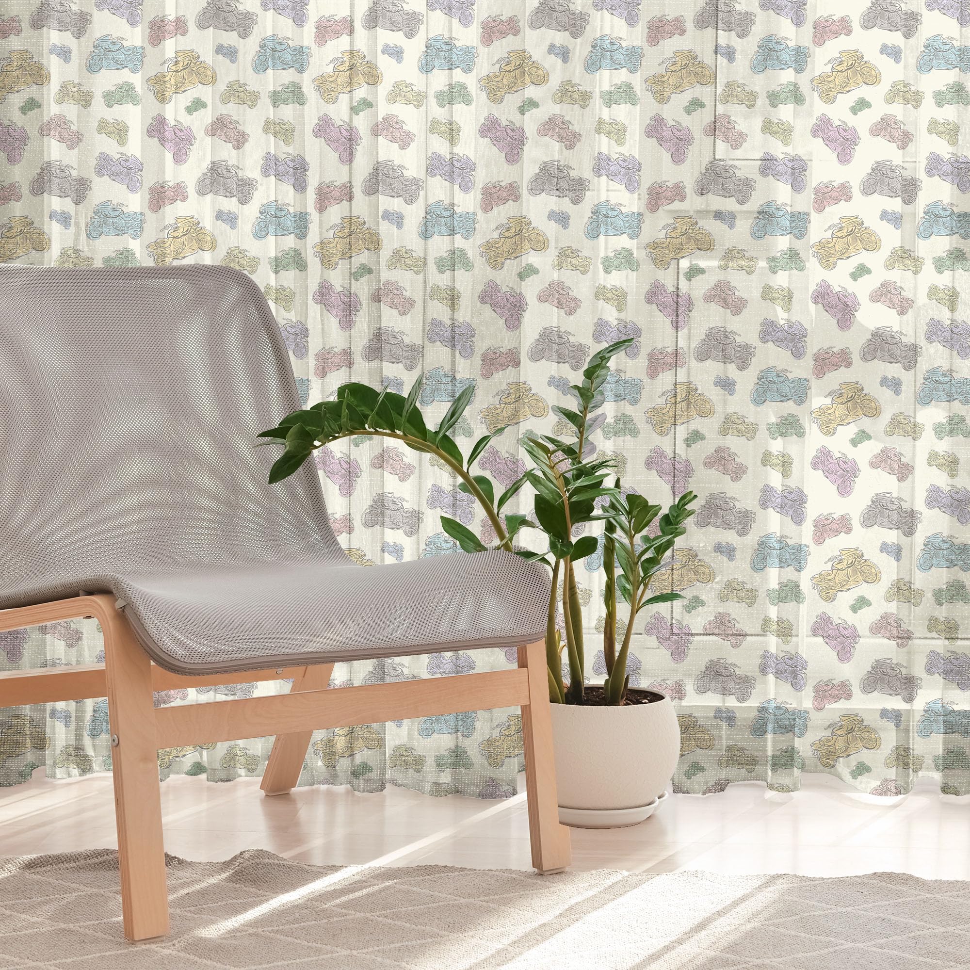 Ambesonne Motorcycle Tulle Curtains - Pastel Racing Motorcycle Design, Cartoon Style Sheer Drapes with Rod Pocket, 108