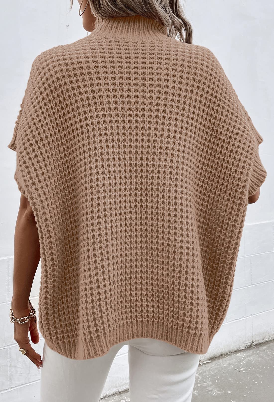 Viottiset Women's Oversized Short Batwing Sleeve Mock Neck Sweater Vest - Fall Sleeveless Pullover Knit Top for Casual Outfits, Layering & Office Wear