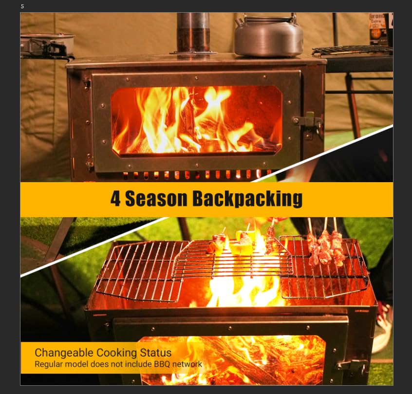 Portable Wood Burning Camping Stove with View Glass - 5 Chimney Pipes Stainless Steel Tent Heater for Outdoor Cooking, Hunting & Winter Camping | Perfect for Backpacking, RV Trips & Emergency Heating