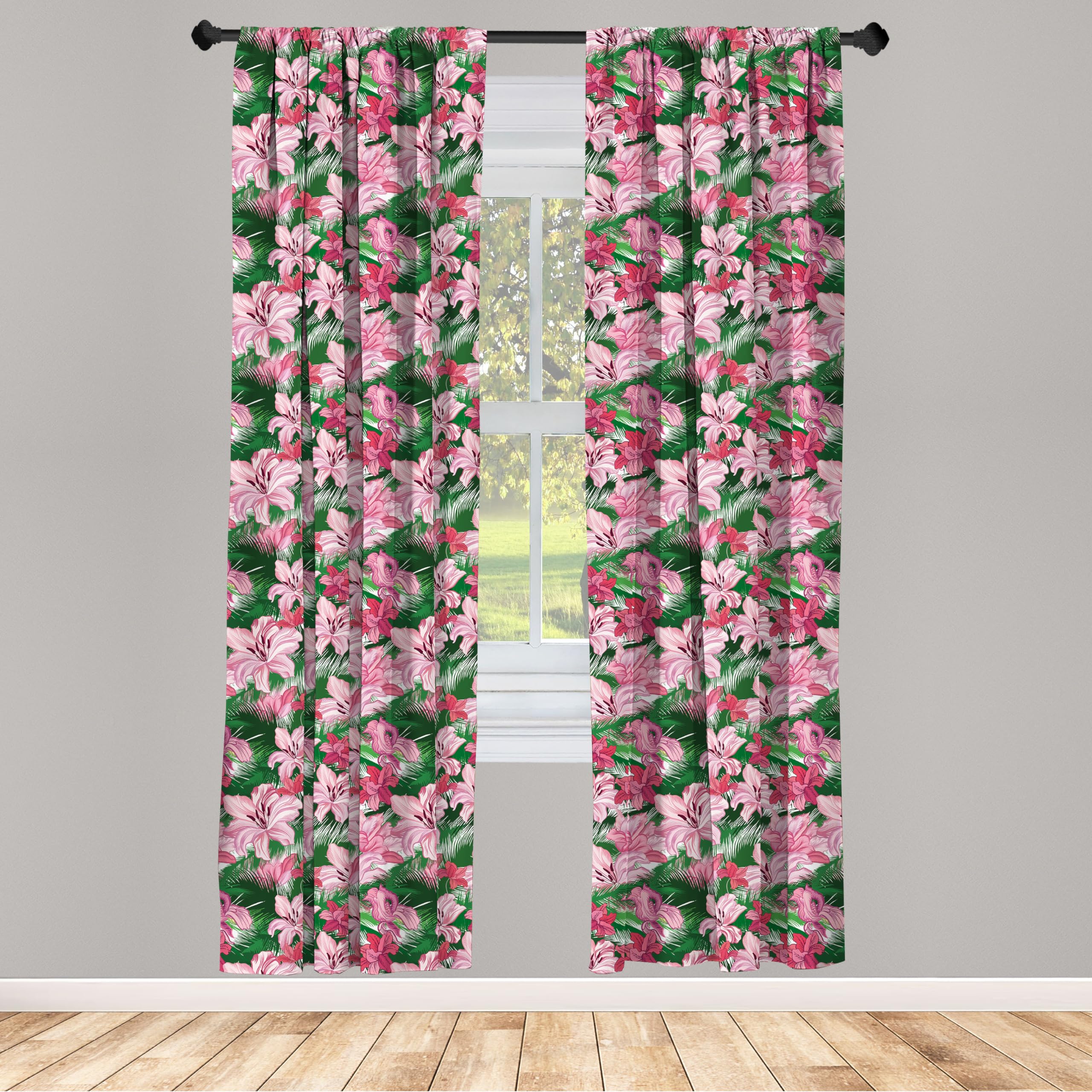 Ambesonne Tropical Jungle Curtains - Pink Hawaiian Island Blossoms Design, 2 Panel Set (28