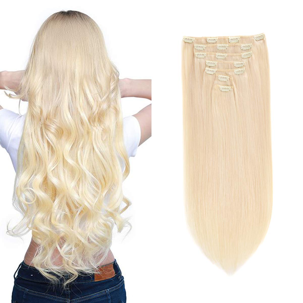 Clip in Hair Extensions 16 Inch 120g 7pcs - 100% Remy Human Hair Straight #613 Lightest Blonde - Natural Look for Daily Wear, Parties & Special Occasions