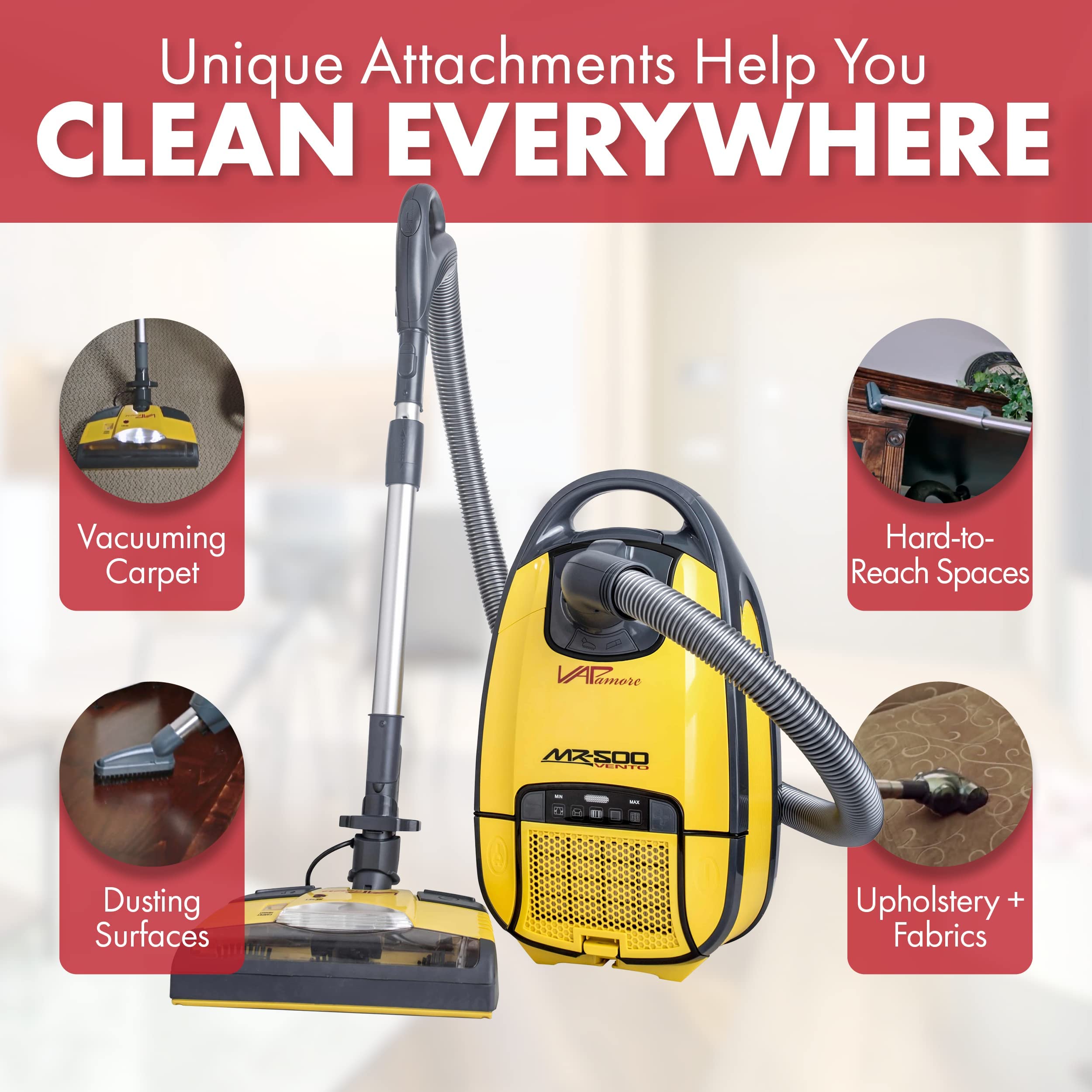 Vapamore MR-500 Vento Professional Canister Vacuum Cleaner with HEPA Filtration & Pet Hair Tools - Multi-Surface Cleaning for Carpets, Hard Floors & Upholstery - Perfect for Home, Office & Pet Owners