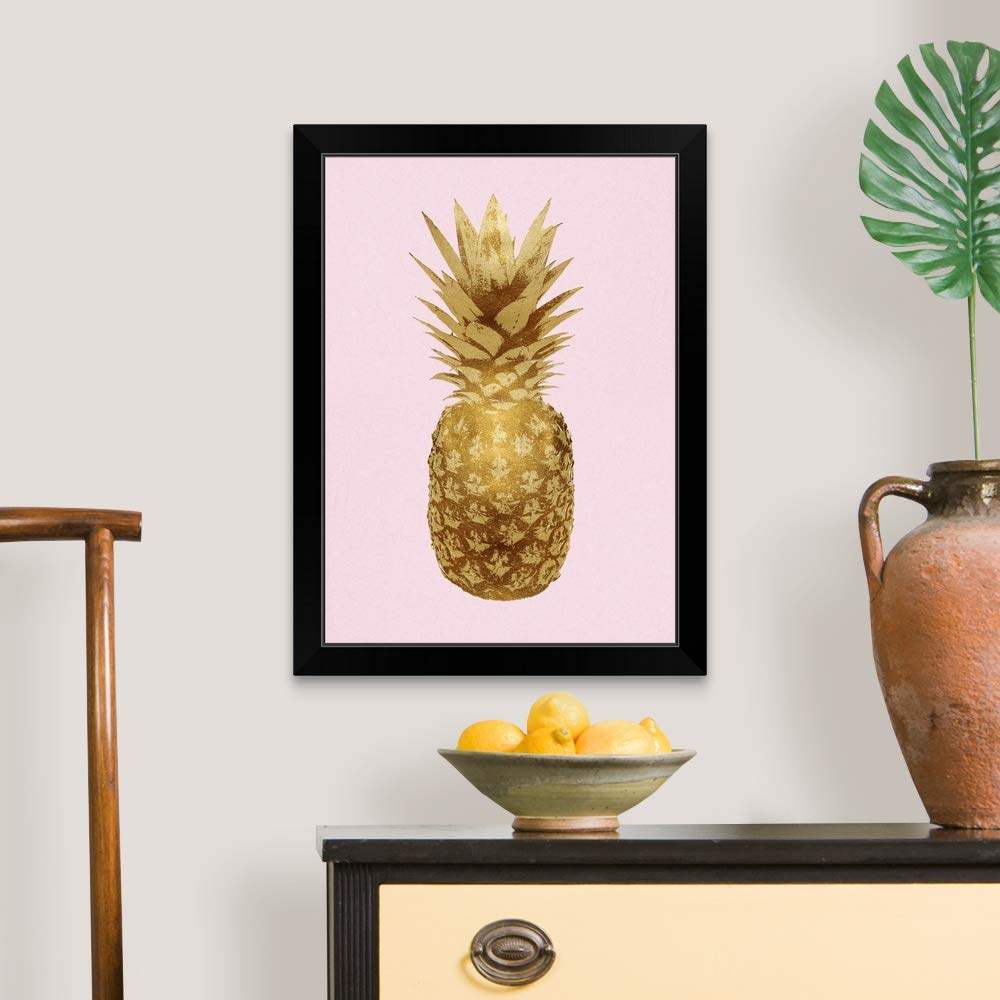Pineapple Gold on Pink and Black Framed Art Print - Tropical Home Decor for Living Room, Bedroom, or Office