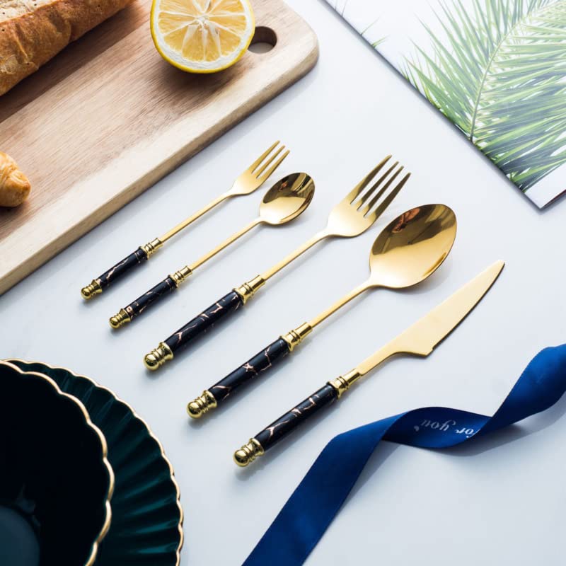 24-Piece Stainless Steel Silverware Set with Ceramic Marble Handles - Dishwasher Safe Flatware Cutlery for Dinner Parties, Weddings, and Everyday Use (White)