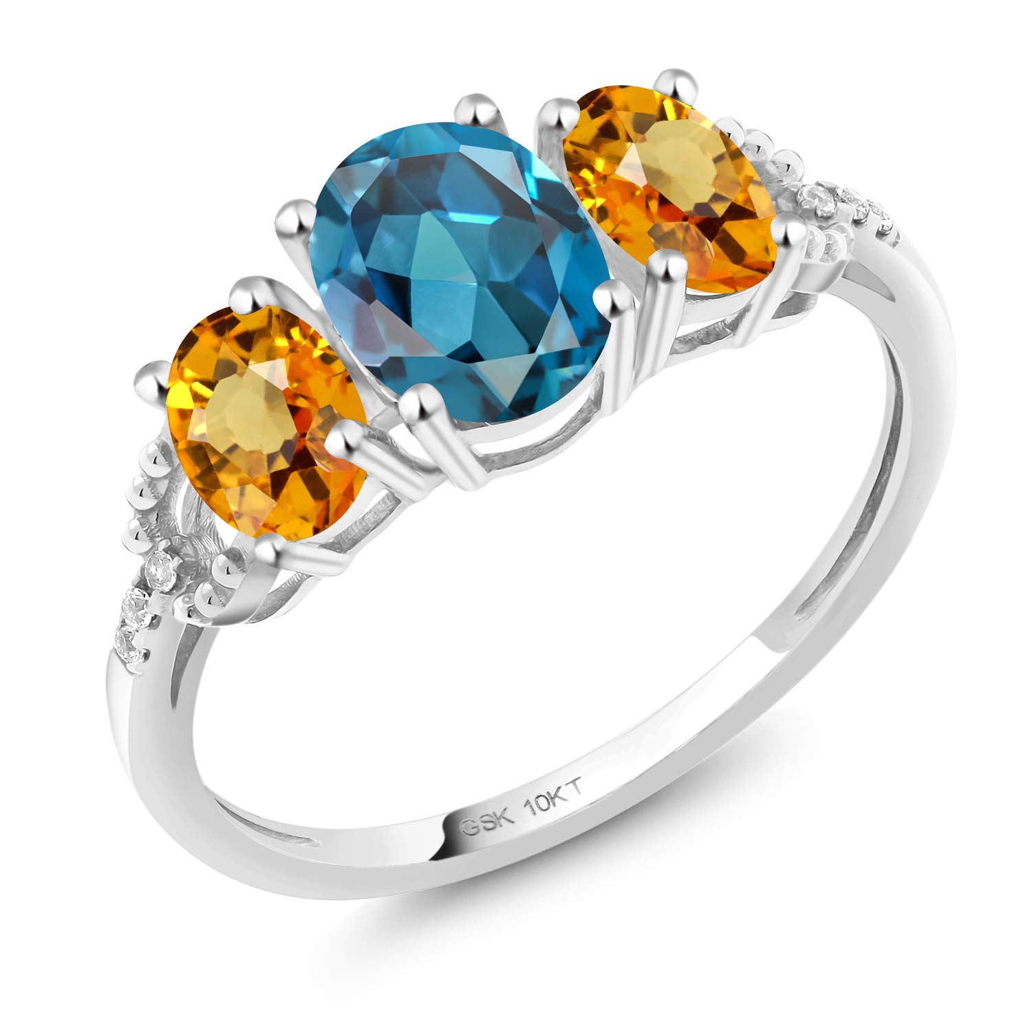 10K White Gold 3-Stone Diamond Engagement Ring with 2.25 Ct Oval London Blue Topaz & Yellow Sapphire | Gem Stone King | Perfect for Proposals, Anniversaries & Special Occasions