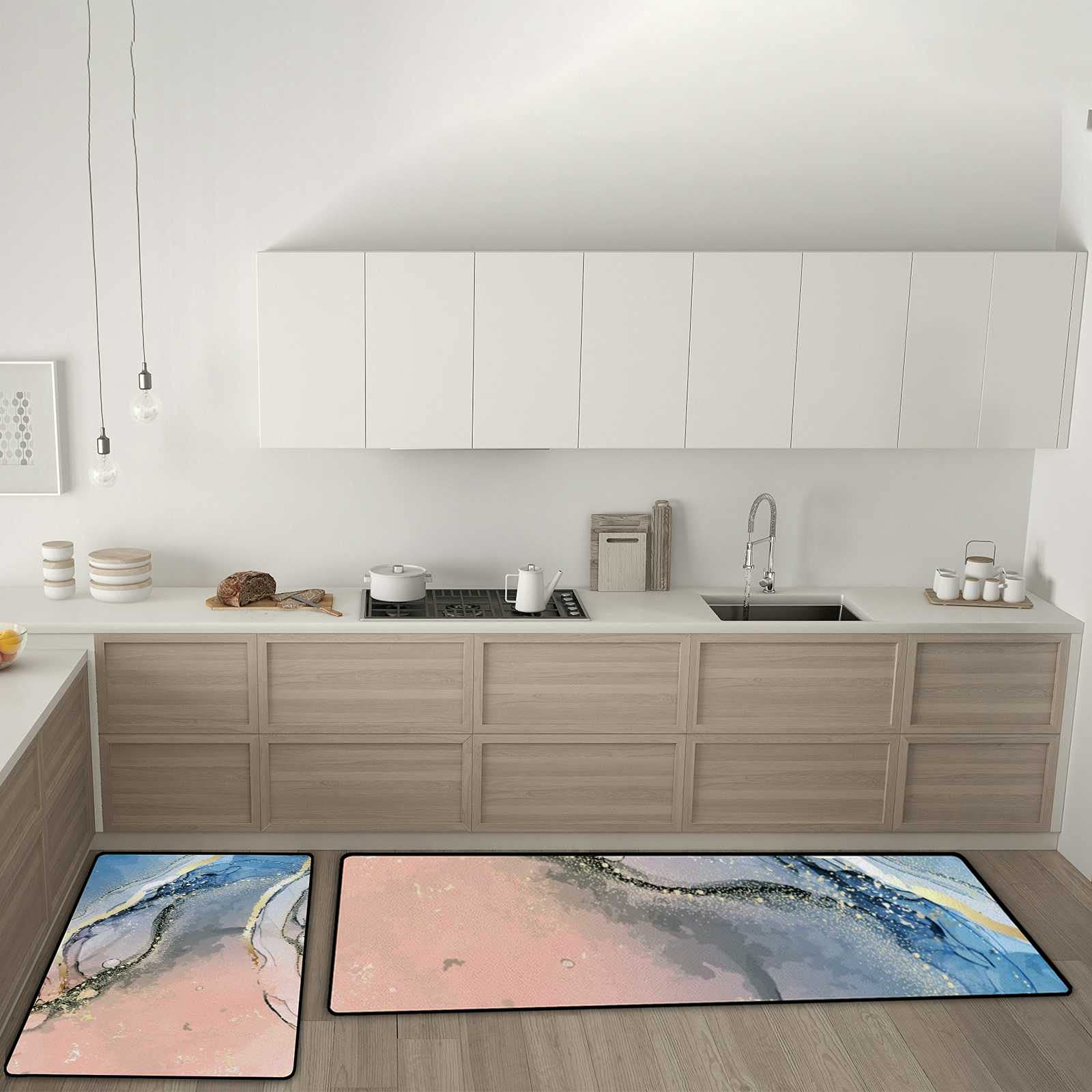 Non-Slip Gold Ink Abstract Kitchen Rug Set - 2 Piece Washable Coral Velvet Mats (17.7×29.1Inch + 17.7×58.2Inch) - Soft Absorbent Floor Mats for Kitchen, Dining Area, and Entryway