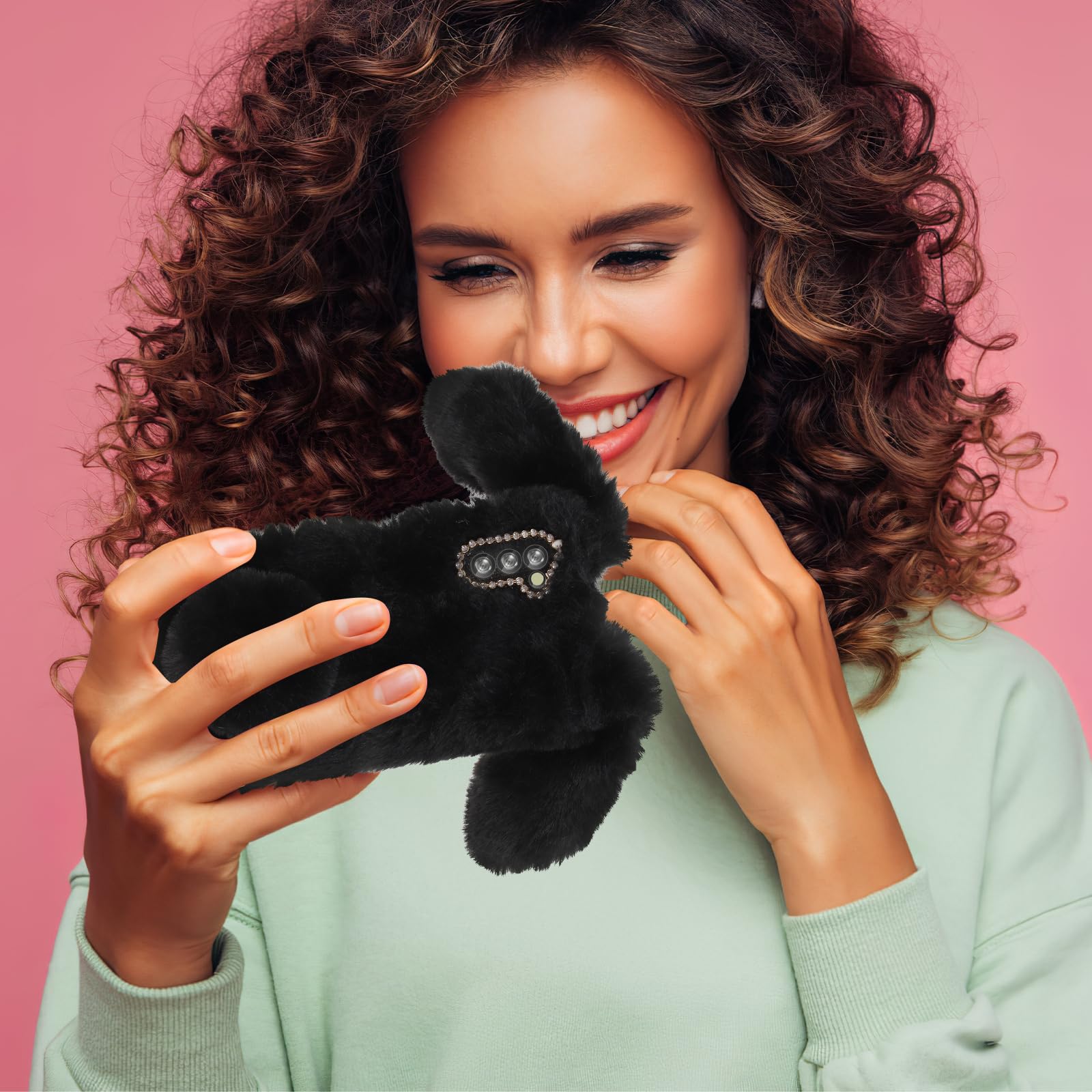 Mikikit Fluffy Cartoon Phone Case for A03s - Cute Plush Protective Cover with Furry Design for Kids & Girls (Black) - Perfect for School, Playtime & Everyday Use