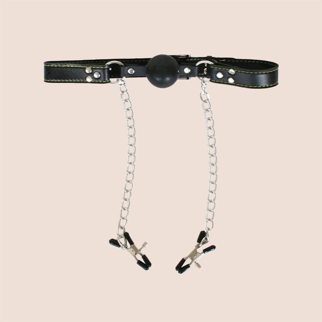 Fetish Fantasy Deluxe Ball Gag with Nipple Clamps Set - Adjustable Leather Strap & Silicone Ball for BDSM, Role Play, and Sensory Play | Perfect for Couples, Spice Up Your Intimate Moments