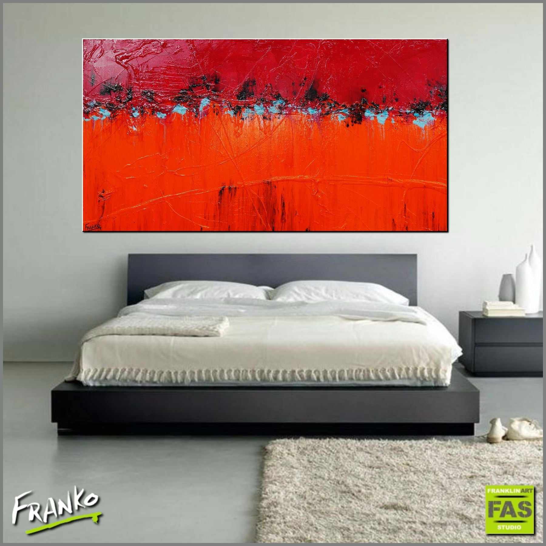 Vibrant Red Orange Abstract Painting - 190cm x 100cm Modern Canvas Wall Art for Living Room, Bedroom & Office Decor