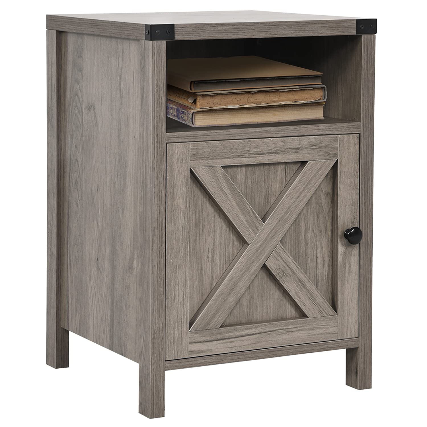 Rustic Modern Farmhouse Nightstand with Barn Door & Shelf - Grey Wash Bedside Table, End Table for Bedroom & Living Room | Perfect for Small Spaces, Guest Rooms & Cozy Home Decor