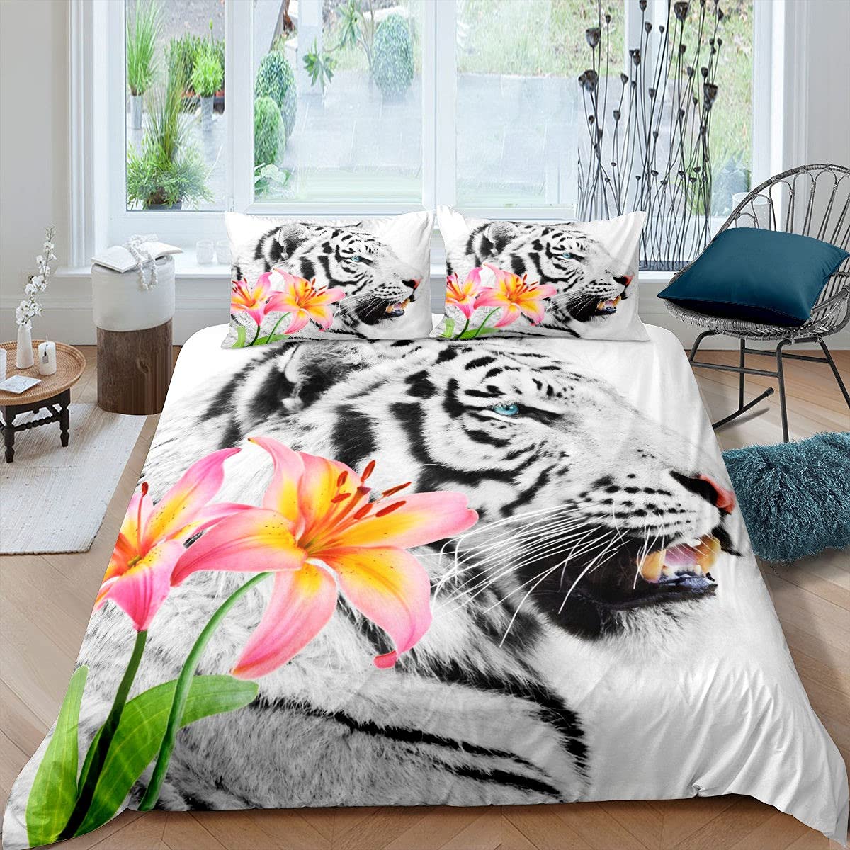 Pink Morning Glory Duvet Cover Twin Size - Ultra Soft Rose Floret Comforter Set with Zipper Closure | Exotic Tiger & Rose Flower Design | 2-Piece Bedding Set for Teens & Adults | Perfect for Boho Chic Bedrooms & Guest Room Decor