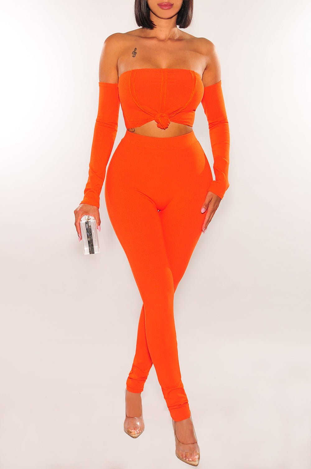 Stylish Tangerine Ribbed Off Shoulder Crop Top & High Waist Pants 2-Piece Set - Summer Outfits, Beachwear, Party Clothes for Women