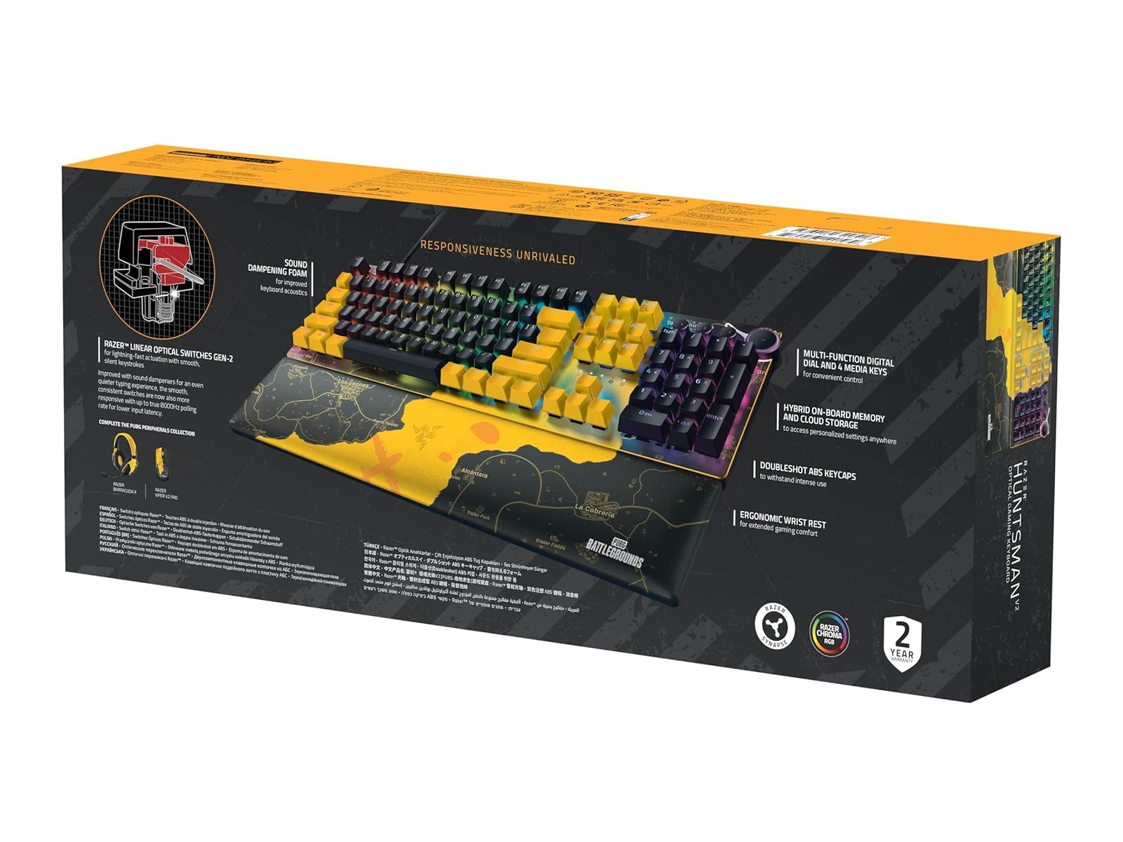 Razer Huntsman V2 Optical Gaming Keyboard - Red Linear Optical Switches Gen-2, Doubleshot PBT Keycaps, Near-Zero Input Latency, Ergonomic Wrist Rest (US Layout, PUBG Edition) - Perfect for Competitive Gaming, Esports & Professional Typing