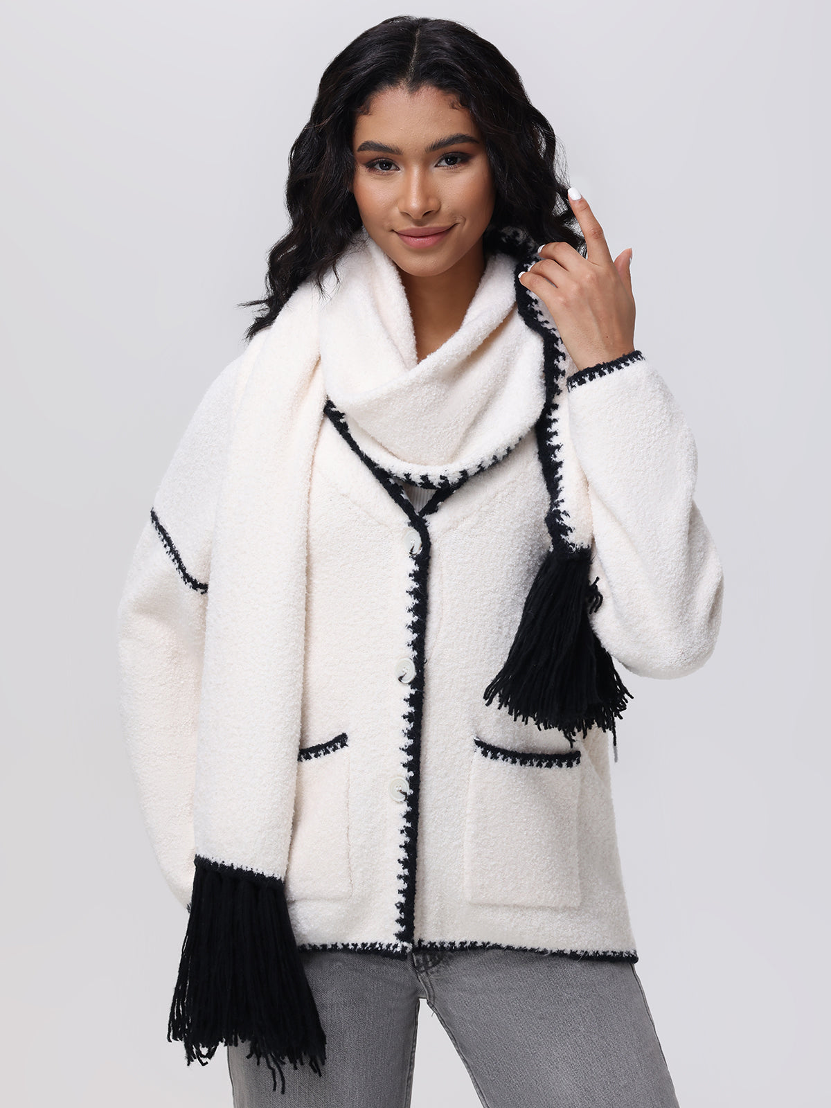 Tierney Whipstitch Scarf Neckline Cardigan Sweater for Women | Cozy Knit Open Front Long Cardigan | Perfect for Fall, Winter & Layering Outfits