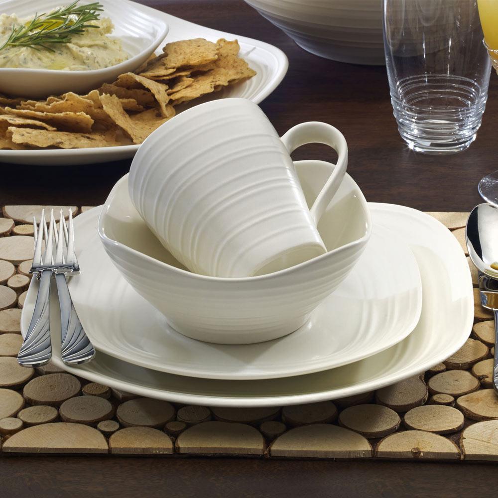 16-Piece White Square Dinnerware Set - Service for 4, Modern Swirl Design for Everyday Dining & Entertaining | Dishwasher & Microwave Safe