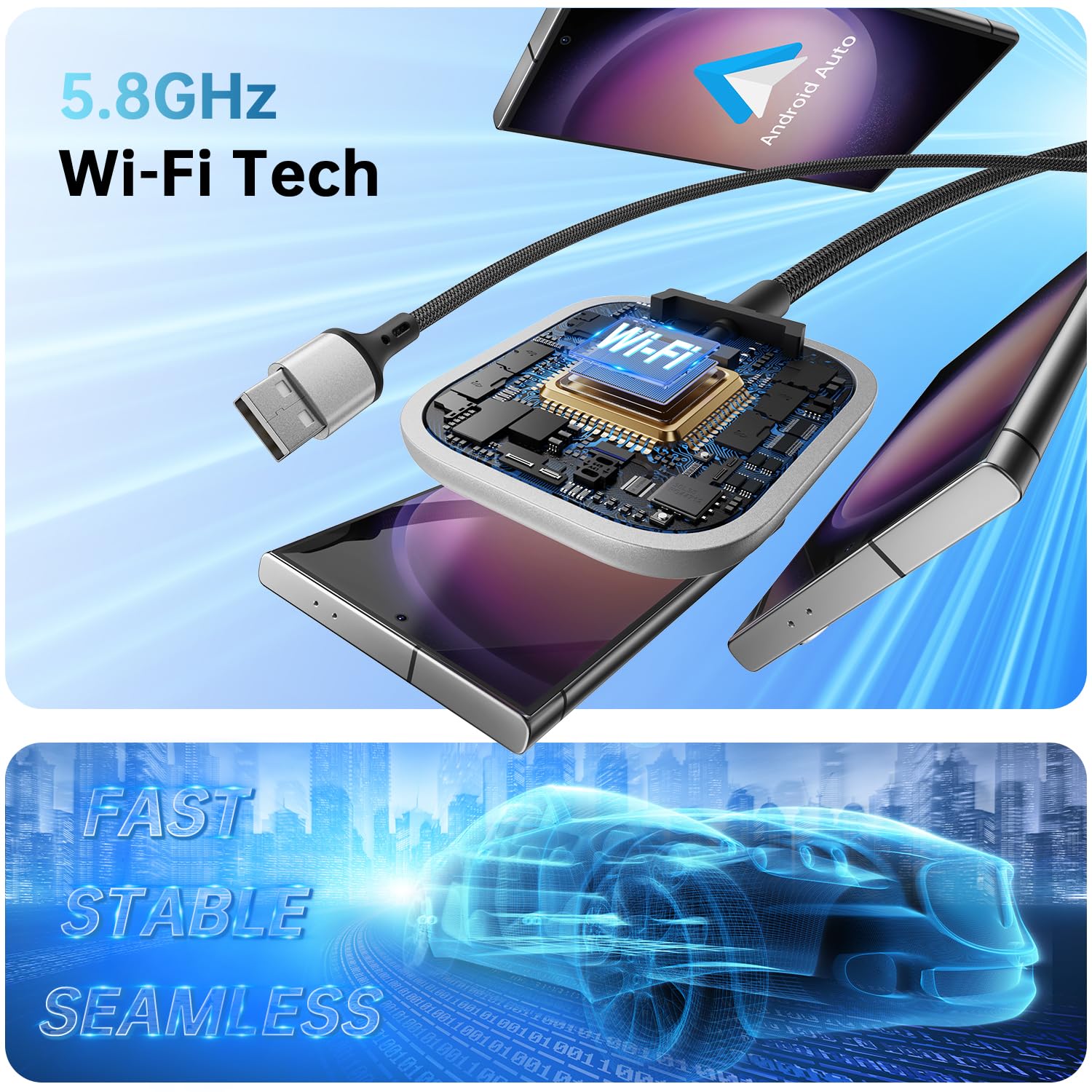 Wireless Android Auto Adapter - Plug & Play for Cars, Fast & Seamless Connection - Perfect for Commuting & Road Trips