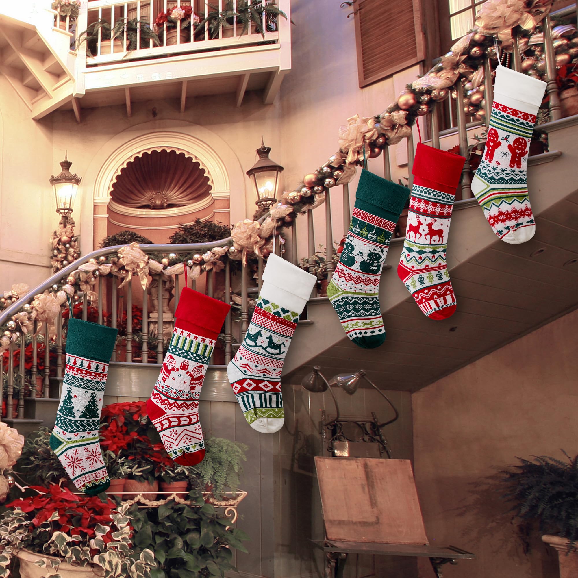 Mostop 6 Pack Christmas Stockings - 21 Inch Large Cable Knit Holiday Stockings with Snowflake, Reindeer & Snowman Designs - Festive Xmas Decor for Fireplace, Mantel & Family Gatherings