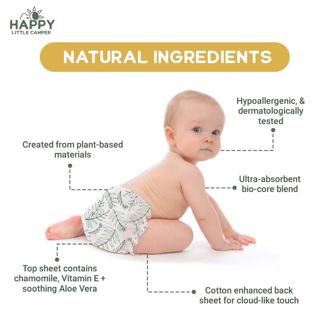 Happy Little Camper Size 6 Ultra-Absorbent Baby Diapers - Hypoallergenic, Chlorine-Free & Unscented Disposable Diapers for Sensitive Skin - 102 Count - Perfect for Overnight Protection, Daycare & Travel