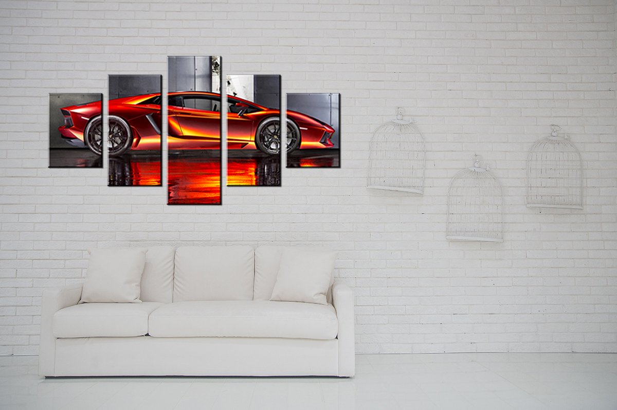 Orange Lamborghini Supercar Canvas Wall Art - 5 Piece 60x32