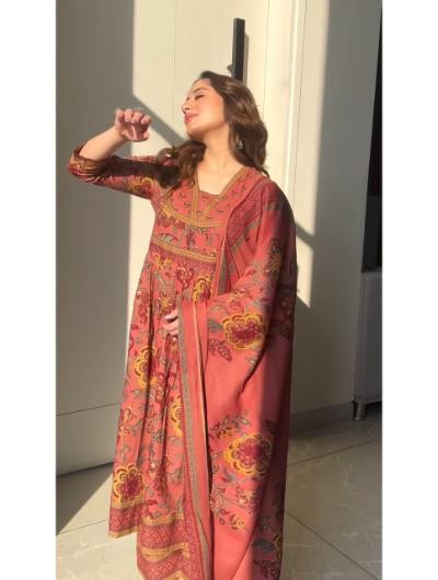 Rust Cotton Anarkali Suit Set of 3 | Traditional Indian Kurti with Dupatta & Pants | Perfect for Weddings, Festivals & Ethnic Parties