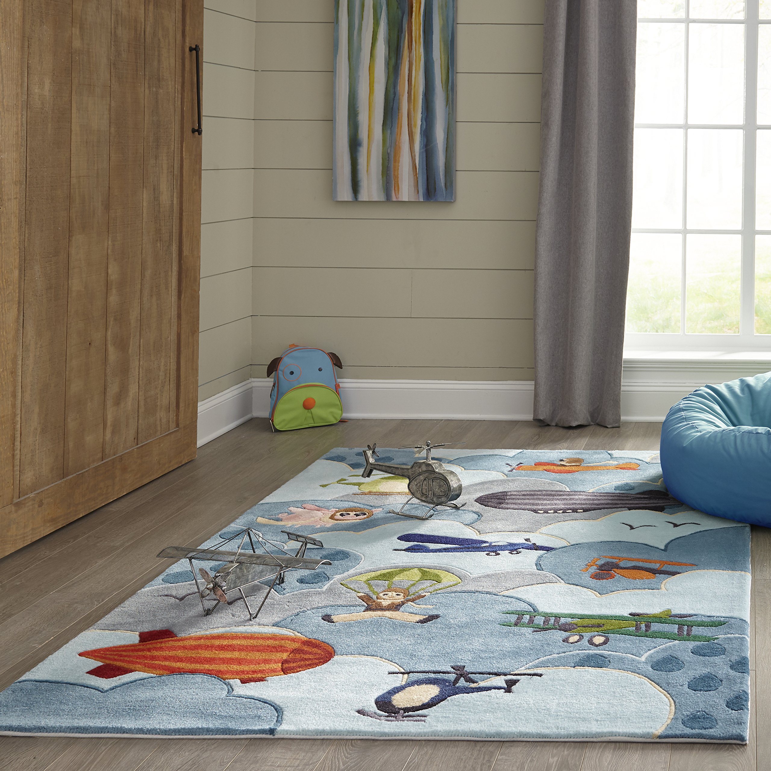 Momeni Rugs Lil' Mo Whimsy Collection - Kids Themed Hand Carved & Tufted Area Rug 2x3 Feet Sky Blue - Playroom Decor, Nursery Rug, Children's Bedroom Floor Mat