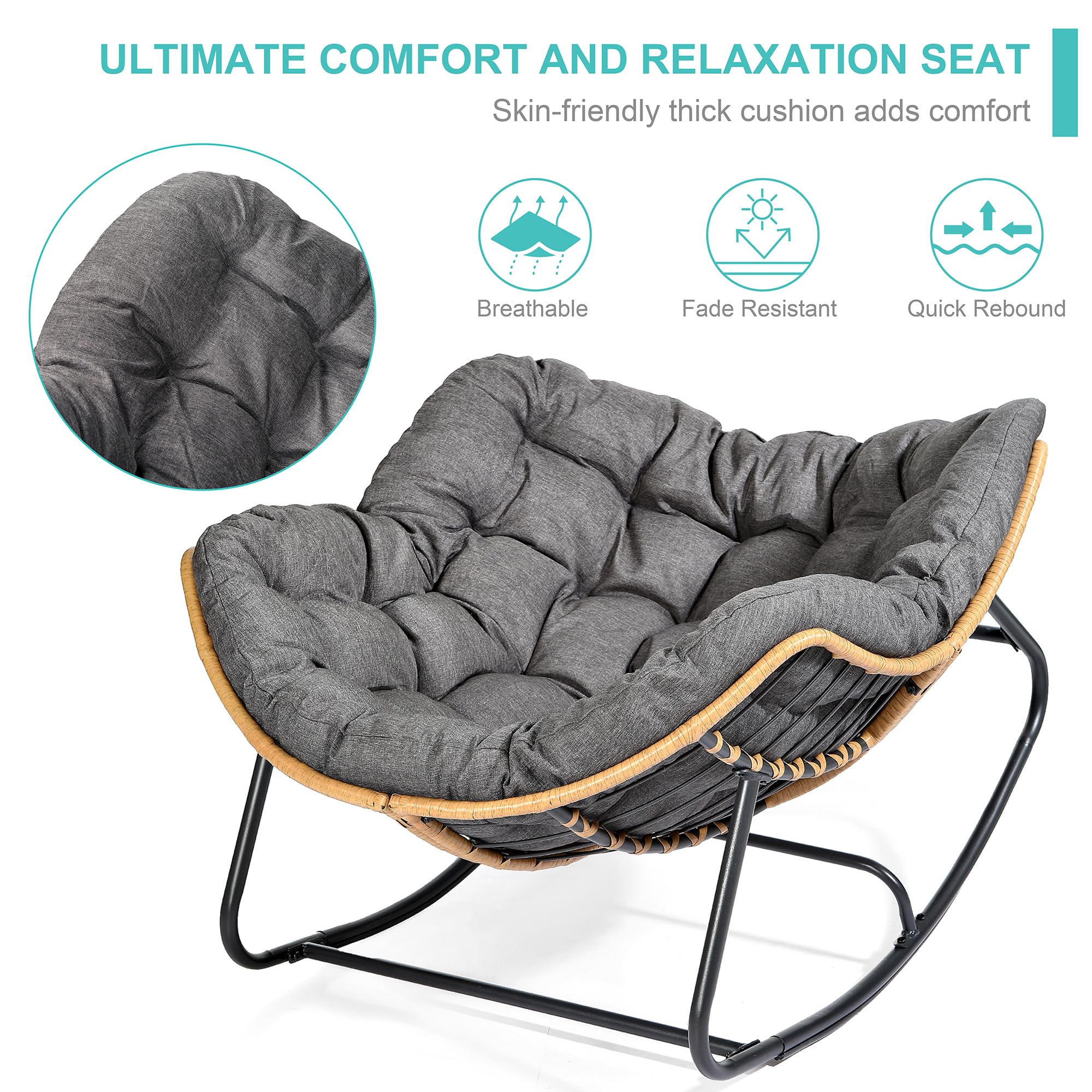 SWITTE Modern Outdoor Rocking Chair - Patio Egg Rocking Chair with Rattan Wicker Design - Indoor Papasan Lounge Chair for Bedroom, Living Room, Porch, Garden & Lawn - Dark Grey - Perfect for Relaxing, Reading & Sunbathing