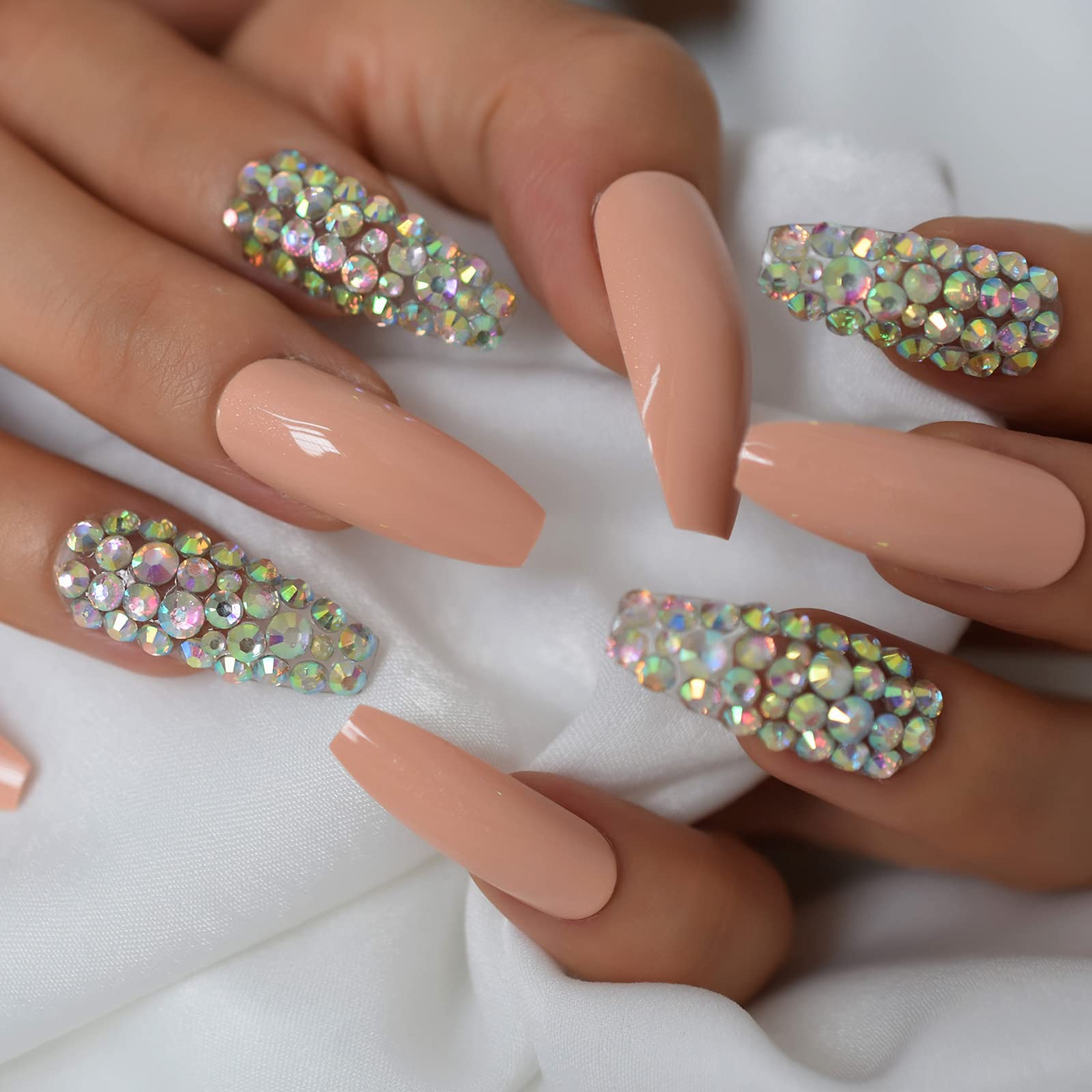 24Pcs Long Coffin Fake Nails - Peach Pink Press On Nails with Rhinestones & Colorful Stones, Full Cover Artificial Nails for Salon Manicure | Perfect for Parties, Weddings, and Special Occasions