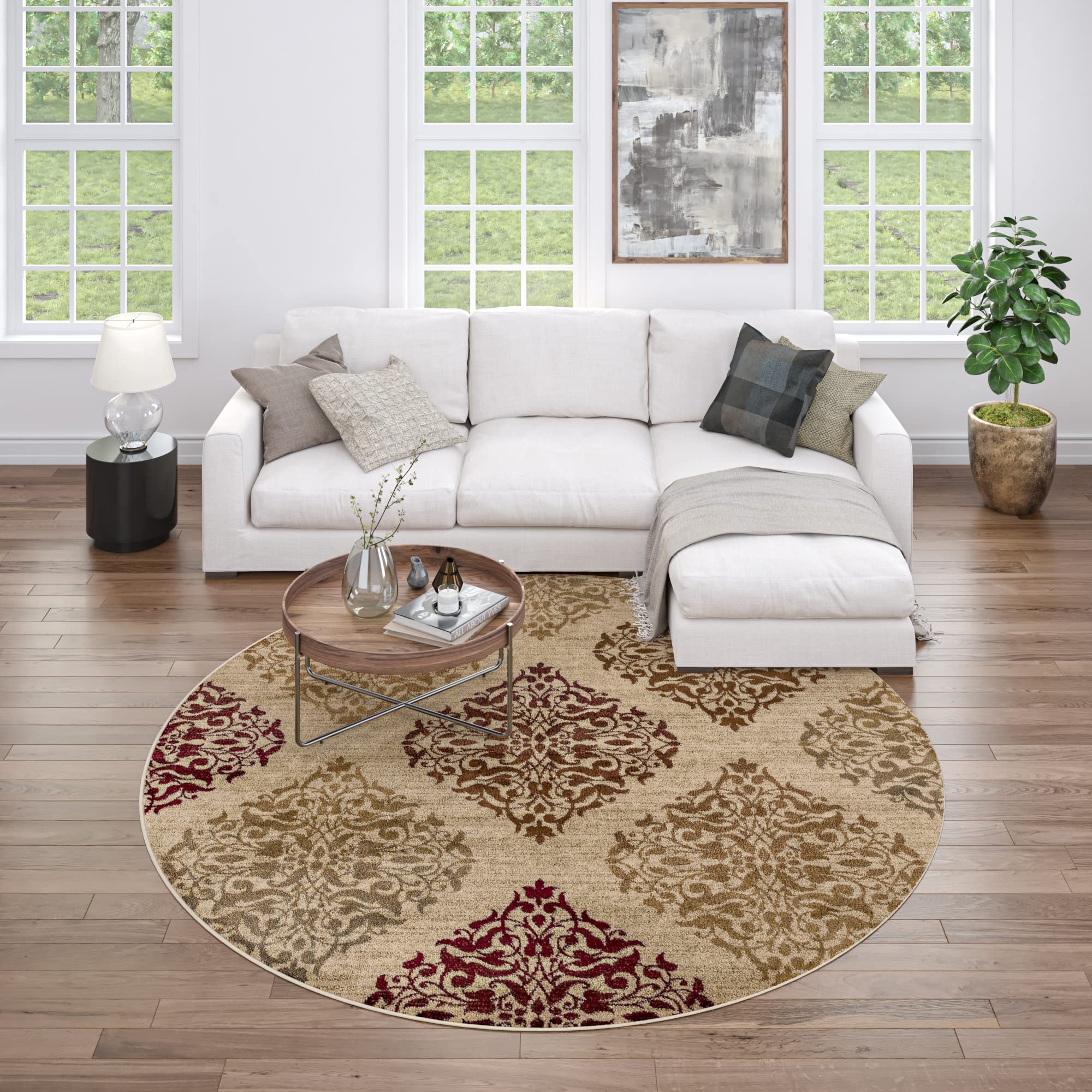 Modern Beige 6ft Round Area Rug - Soft Contemporary Carpet for Living Room, Bedroom, Dining Room, Kitchen & Entryway - Non-Slip Indoor Floor Mat - Perfect for Home Decor, Apartment & Office Spaces