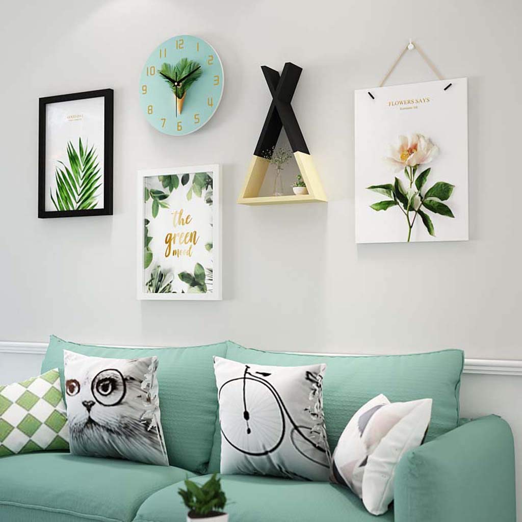 Modern Nordic Small Fresh Solid Wood Photo Wall with Green Plant Decor - 2 Photo Frames & 3 Accessories (Black+White) - Perfect for Living Room, Bedroom & Office Wall Decor
