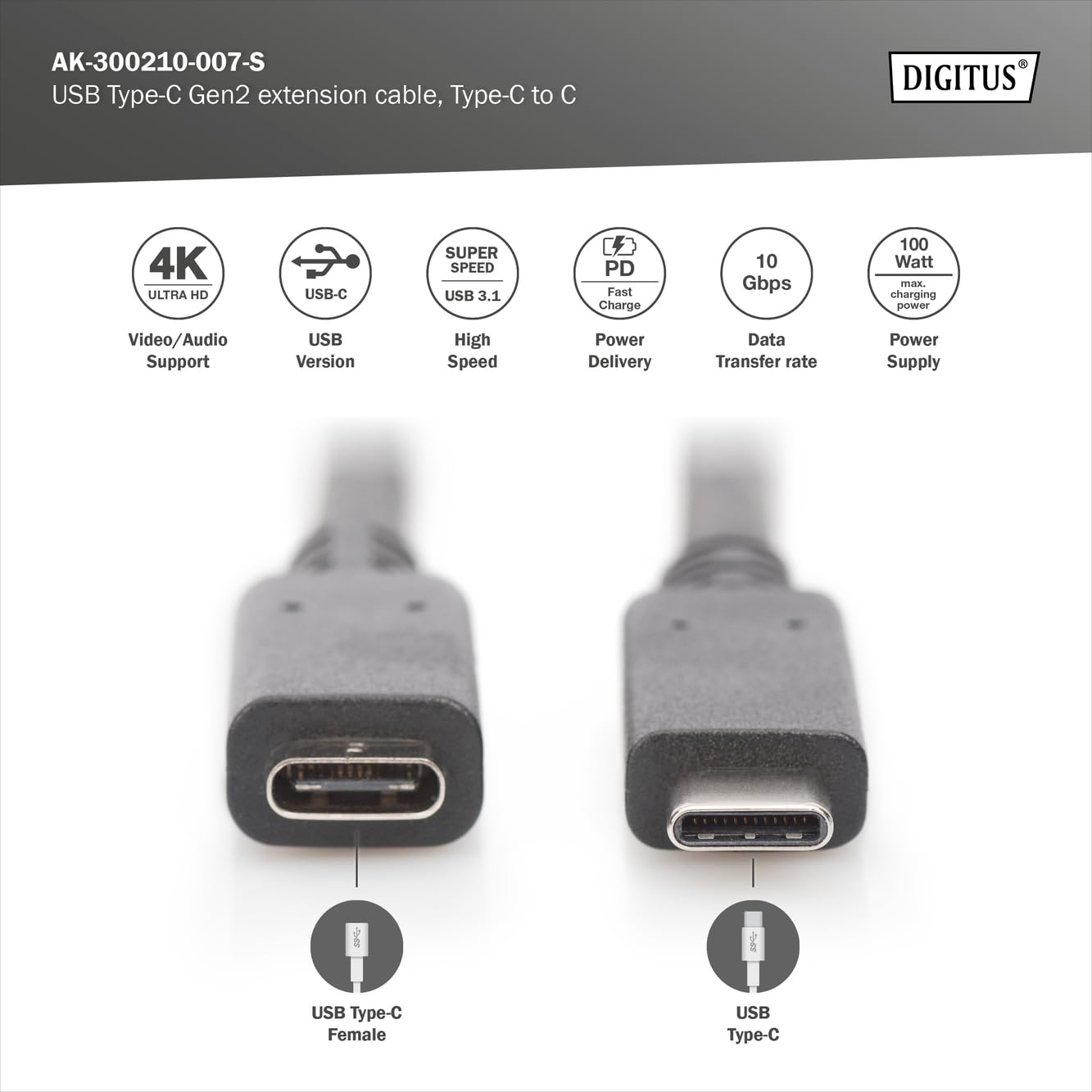 DIGITENS USB Type-C Gen2 Extension Cable 10Gbps 100W PD - 3ft/6ft USB C to C Charging & Data Transfer Cable for MacBook Pro, iPad Pro, Samsung Galaxy - Fast Charging & Sync for Laptop, Tablet, Phone