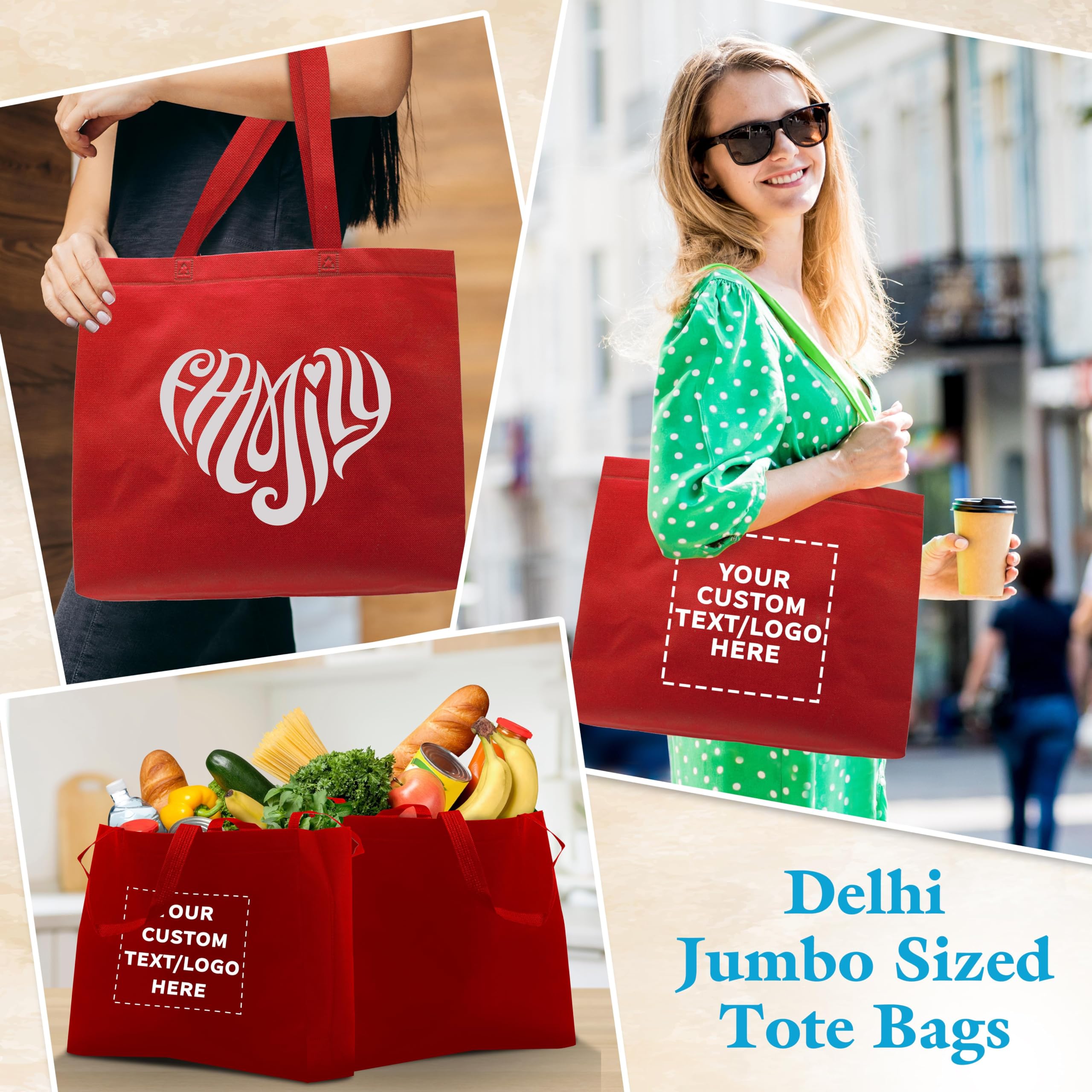 Custom Jumbo Reusable Tote Bags - Bulk Pack of 50 Personalized Grocery & Shopping Bags - Eco-Friendly Promotional Gift for Women (Red) - Perfect for Retail Stores, Events, and Brand Giveaways