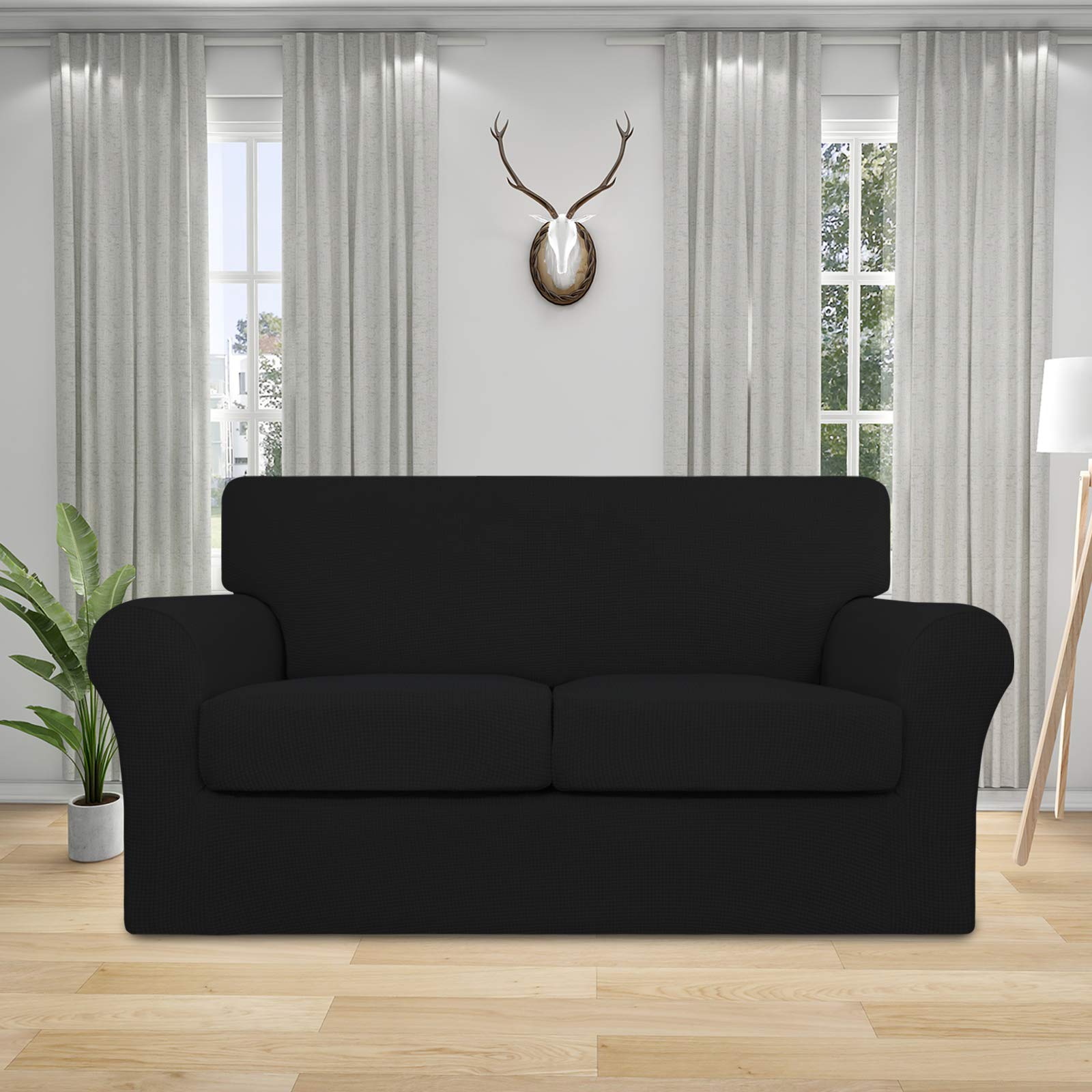 Stretchable 3-Piece Sofa Cover for Dogs & Pets - Washable Jacquard Fabric Elastic Couch Slipcover - Fits 2 Separate Cushion Loveseats - Furniture Protector for Pets & Kids (Black) - Perfect for Pet Owners & Family Homes