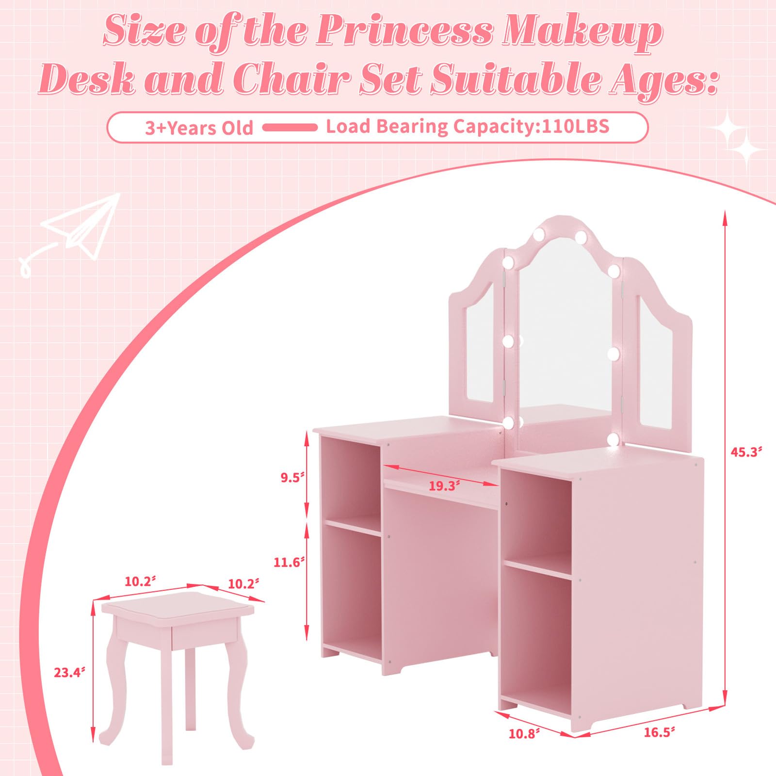 XJD Kids Vanity Set with Mirror, Stool & Lights - 2-in-1 Wooden Princess Makeup Desk & Storage Cabinet for Girls (Pink) | Perfect for Bedroom Decor, Birthday Gifts & Pretend Play