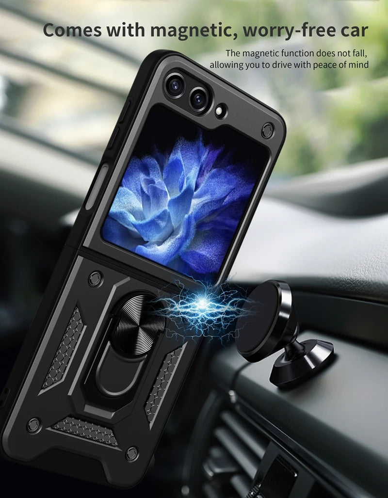 Samsung Galaxy Z Flip 6 Magnetic Car Mount Case with Ring Holder - Protective Armor Cover for Secure Phone Mounting While Driving