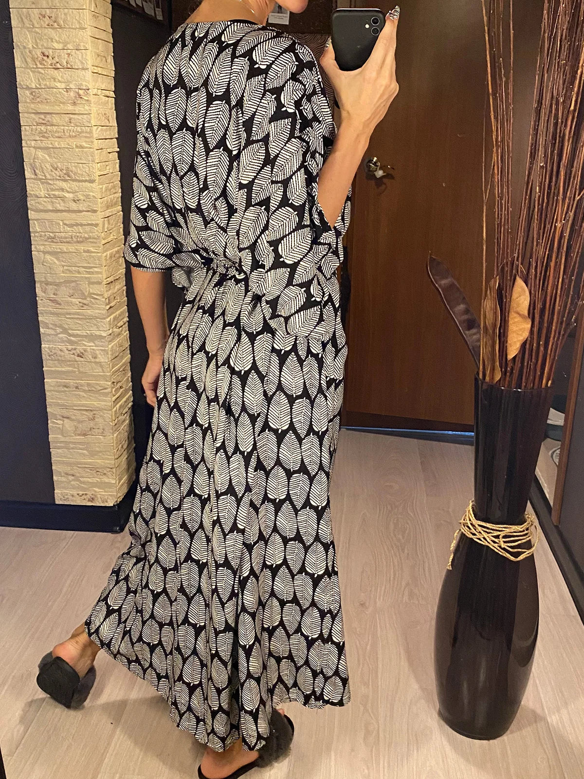 7 Colors Leaf Print Belted Half Sleeve Tunic Beach Cover Up Dress for Women - Perfect for Poolside, Vacation & Summer Outfits (Style V4511)