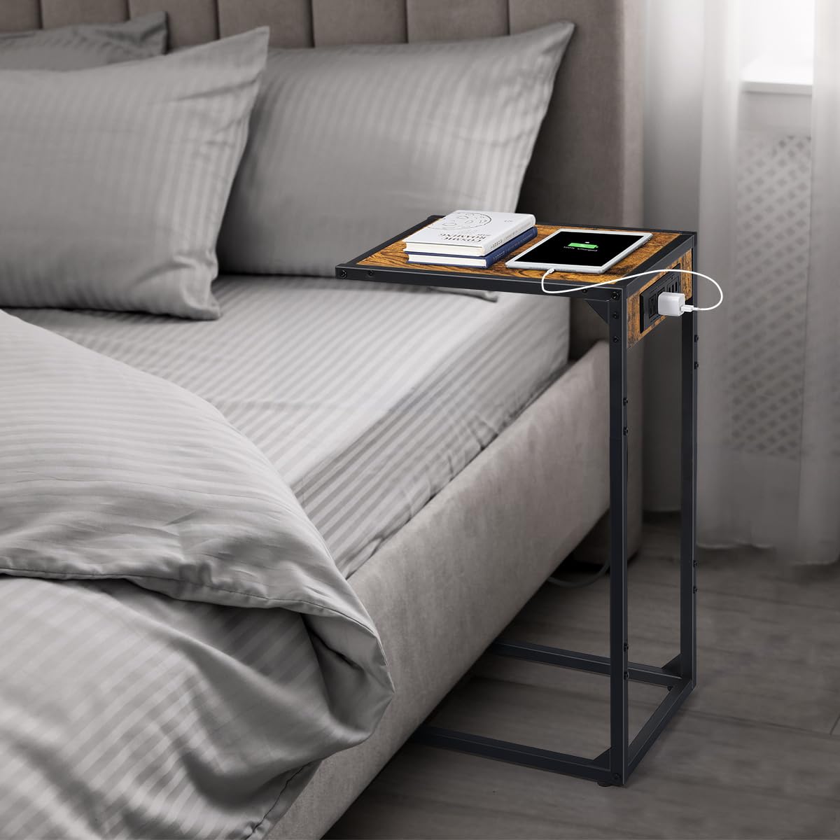 2-Piece C-Shaped End Table Set with USB Charging Station & Power Outlets - Snack Side Table for Couch, Living Room & Bedroom - Space-Saving Slide-Under Design (Brown) - Perfect for Small Spaces, Movie Nights & Charging Devices