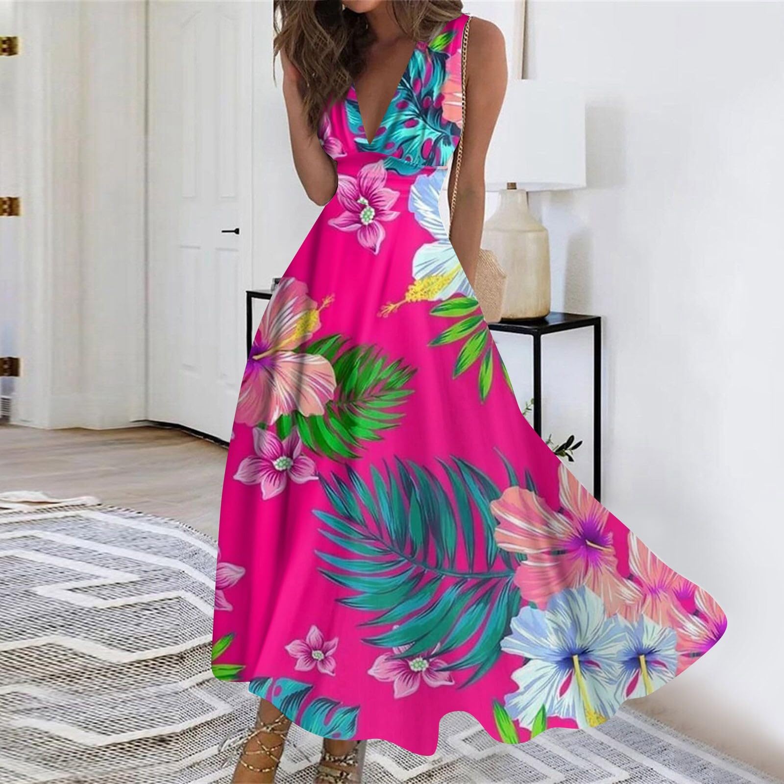 Women's Flowy Deep V-Neck Floral Maxi Dress - Sleeveless Casual Swing Dress for Summer, Beach, Party & Elegant Occasions
