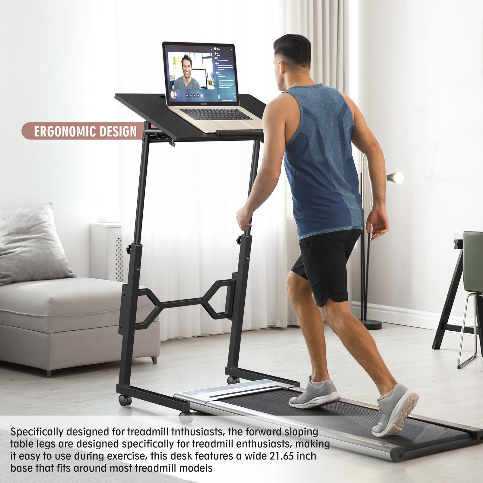 Portable Treadmill Desk with Adjustable Height & Wheels - Treadmill-Compatible Standing Desk for Laptops & Tablets - Perfect for Home Office, Work from Home & Fitness Enthusiasts