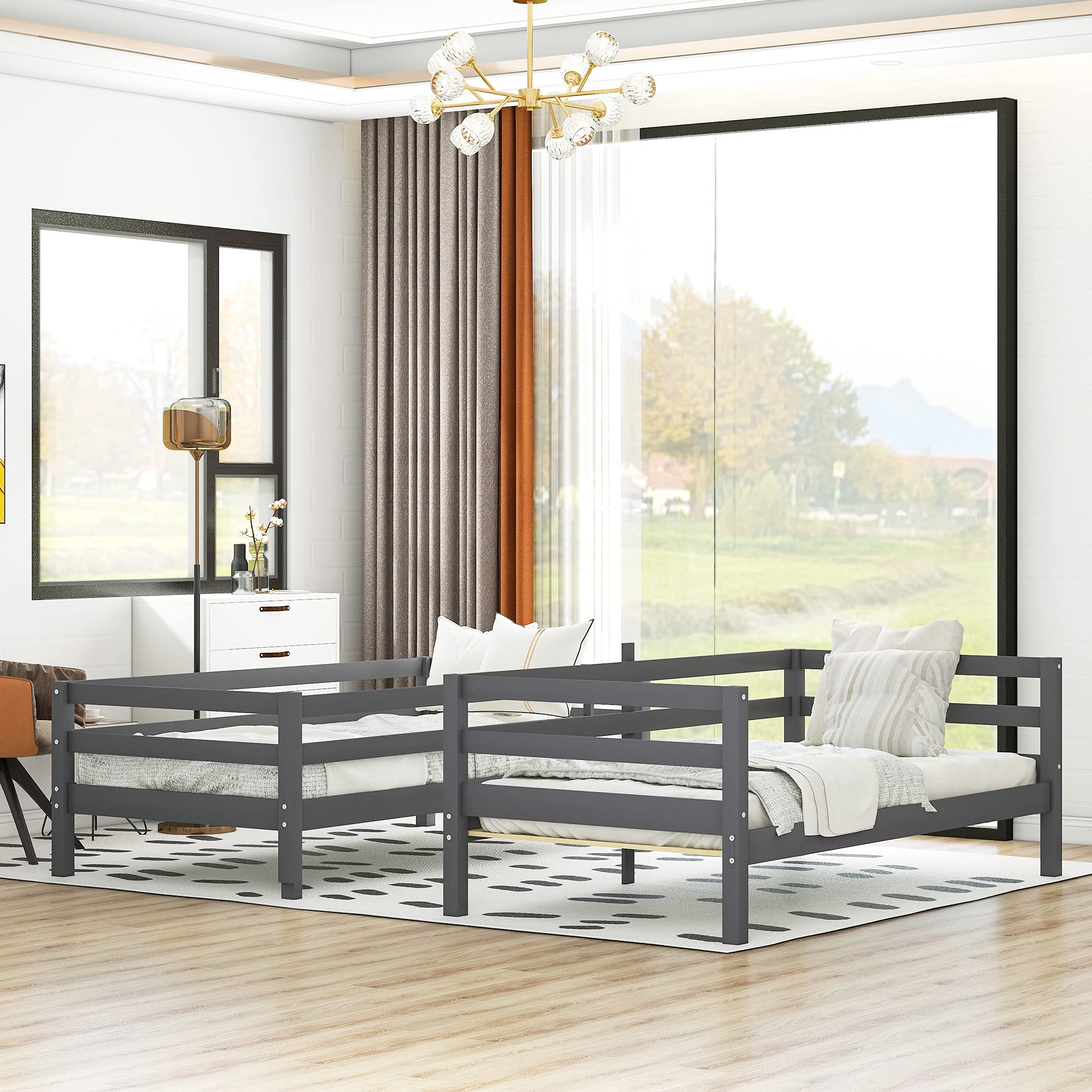 LZ LEISURE ZONE Twin Over Twin Bunk Bed with Ladder - Convertible Wooden Loft Bed Frame for Kids & Teens - Separates into 2 Twin Beds (Gray) - Perfect for Small Bedrooms, Dorm Rooms & Shared Kids' Rooms