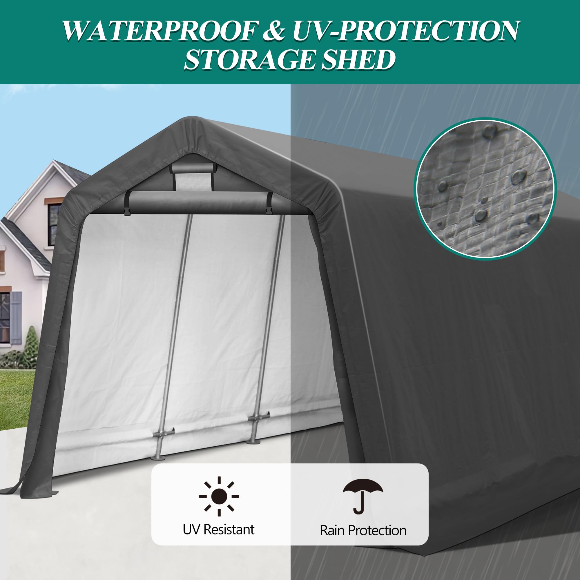 8' x 14' Heavy Duty Outdoor Storage Shelter Shed - Waterproof Portable Garage with Roll-up Ventilated Windows for Bike, ATV, Motorcycle, Lawn Equipment - Perfect for Backyard, Patio, and Driveway Storage (Gray)