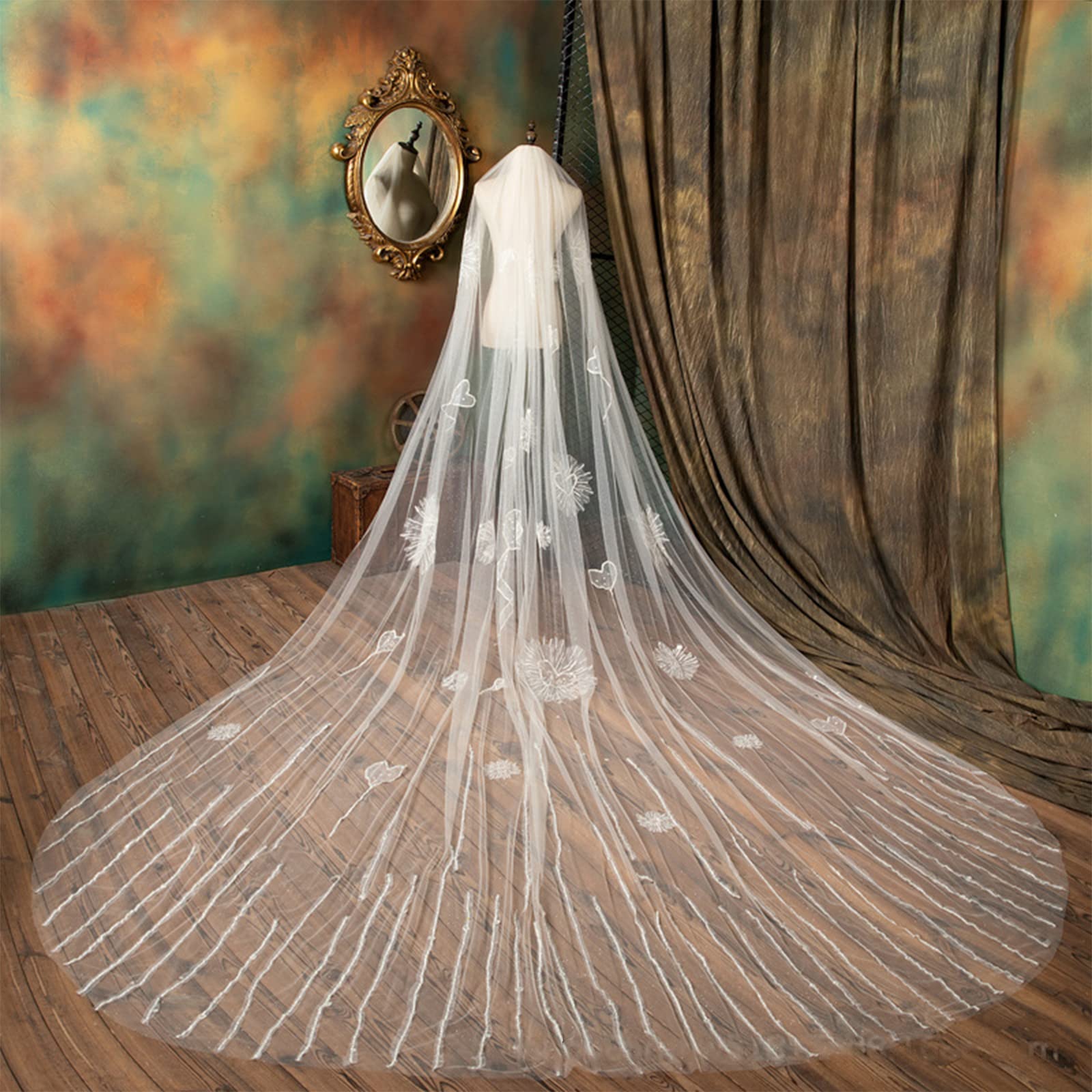Elegant Champagne Sequined Wedding Veil with Extra Long Oversized Train & Metal Brush – Perfect for Church Weddings, Bridal Photography & Formal Ceremonies