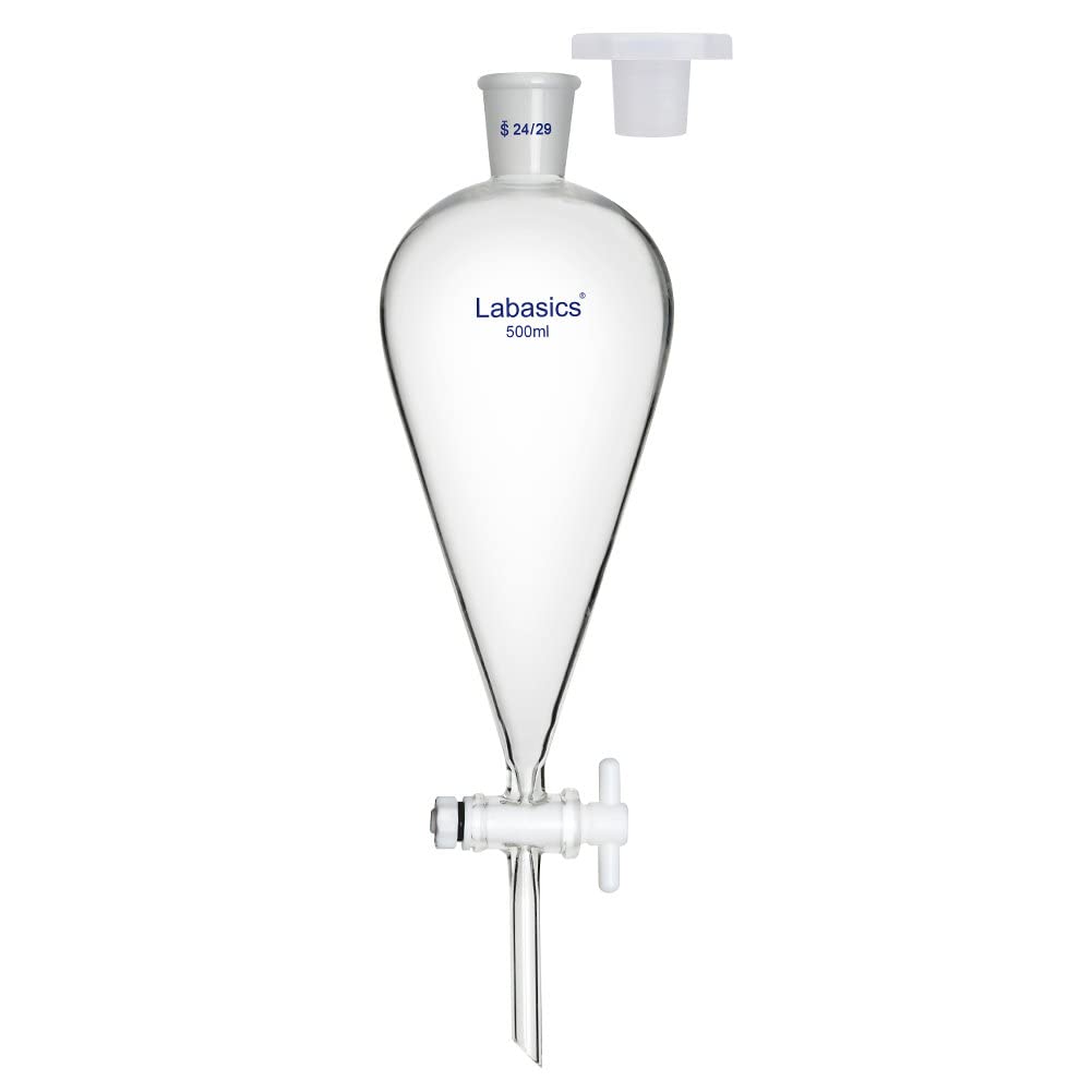 Labasics 500ml Heavy Wall Borosilicate Glass Conical Separatory Funnel with 24/29 Joints & PTFE Stopcock - Ideal for Chemistry Labs, Liquid Extraction, and Scientific Experiments