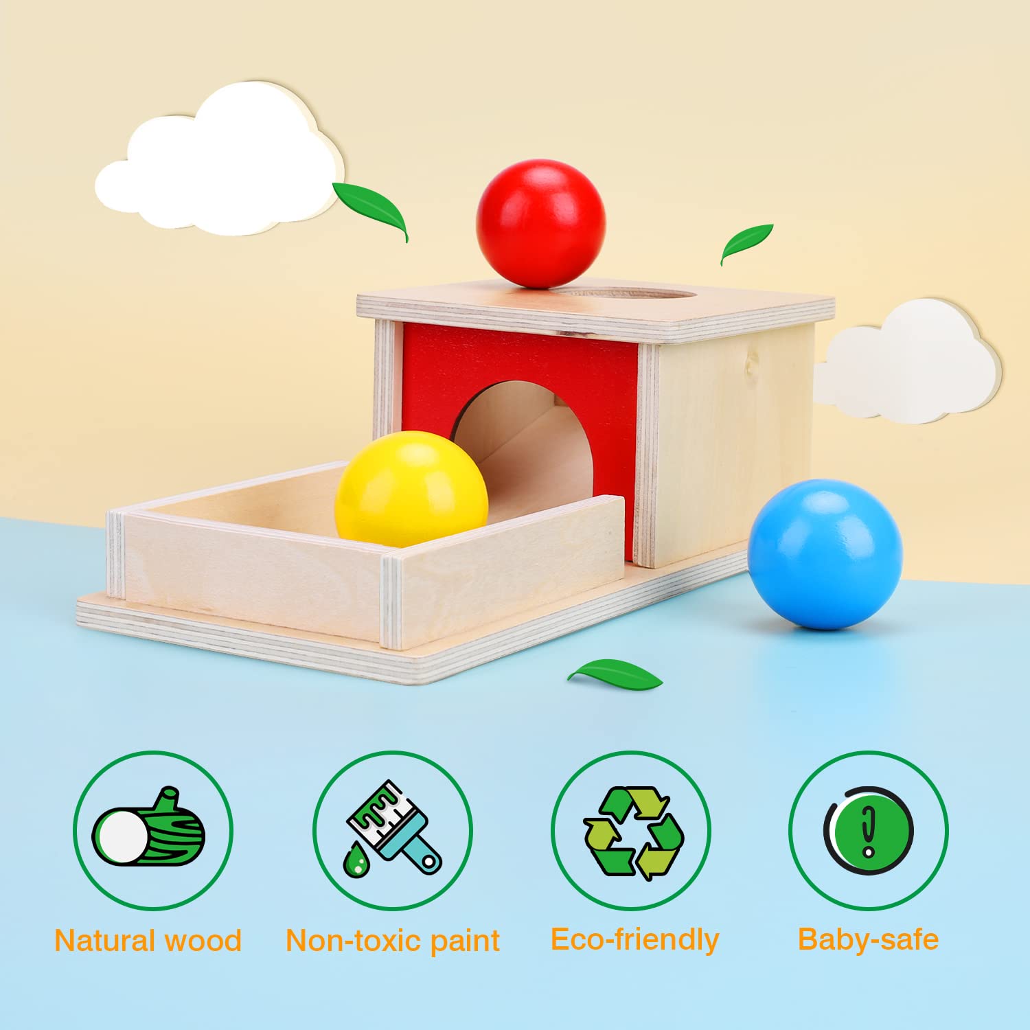 Montessori Wooden Ball Drop Toy Box with Tray & 3 Balls - Object Permanence Learning Toy for Babies 6-12 Months - Early Educational Montessori Baby Toy for Sensory Play & Fine Motor Skills Development - Perfect for Daycare, Homeschooling & Toddler Playtime