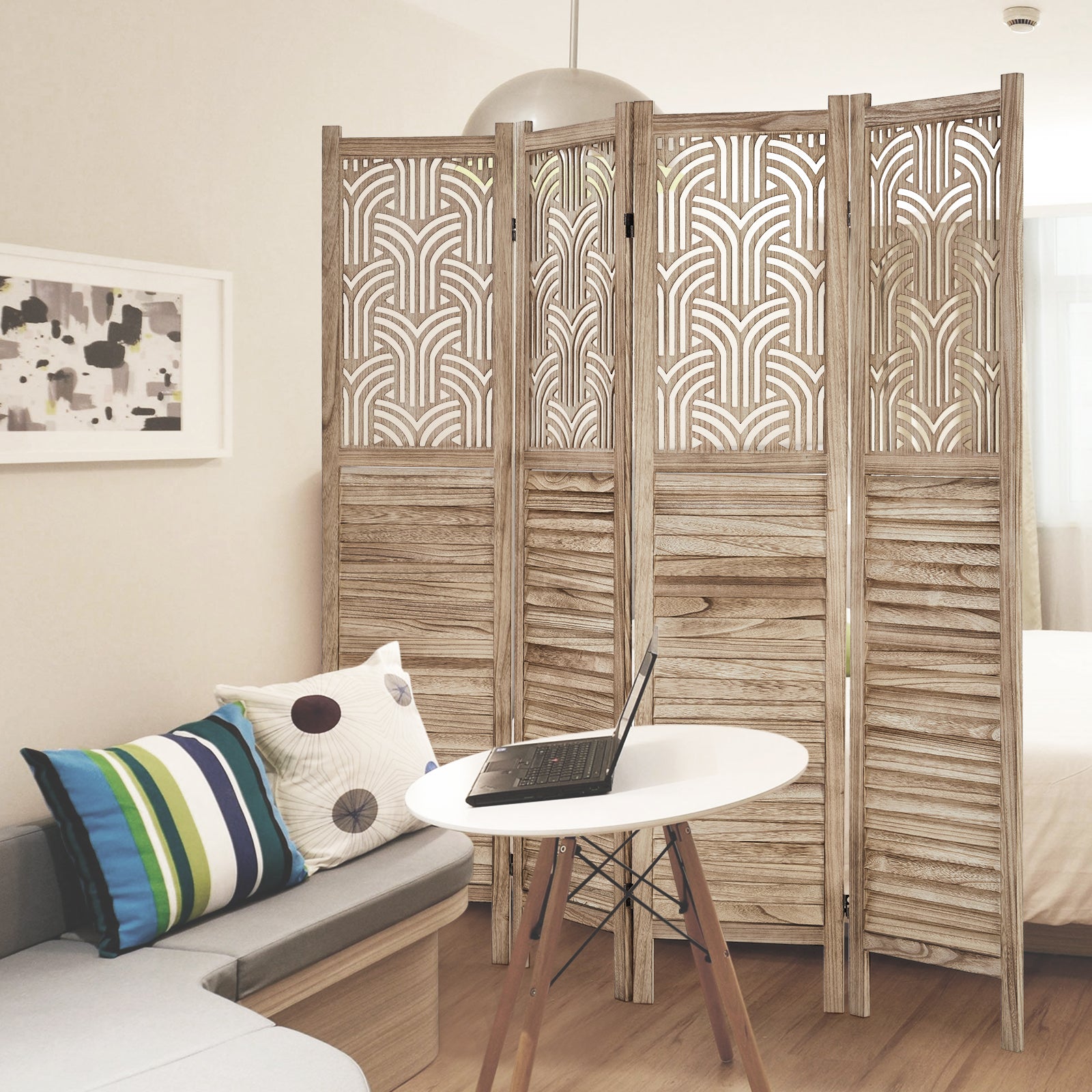 GARVEE 4 Panel Wooden Room Divider - 6 Ft Tall Freestanding Privacy Screen with Decorative Cutouts, Foldable Partition for Bedroom, Living Room & Office - Natural Finish | Perfect for Home Decor, Space Division & Room Privacy