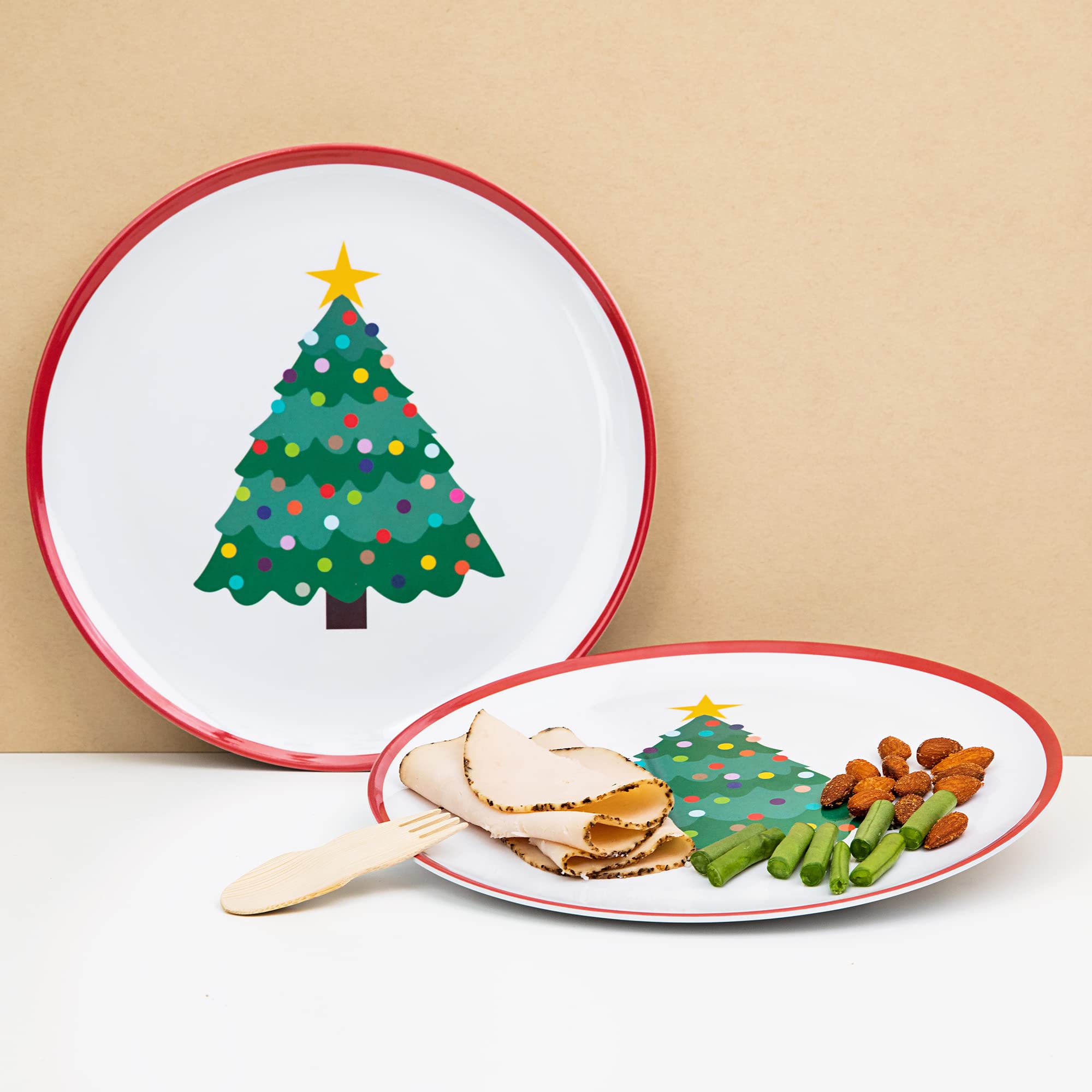 Tiny Expressions – 4-Piece Kids Holiday Plates Set with Colorful Christmas Tree Design | Durable Melamine Dinnerware for Children | Perfect for Christmas Parties, Family Gatherings & Festive Meals