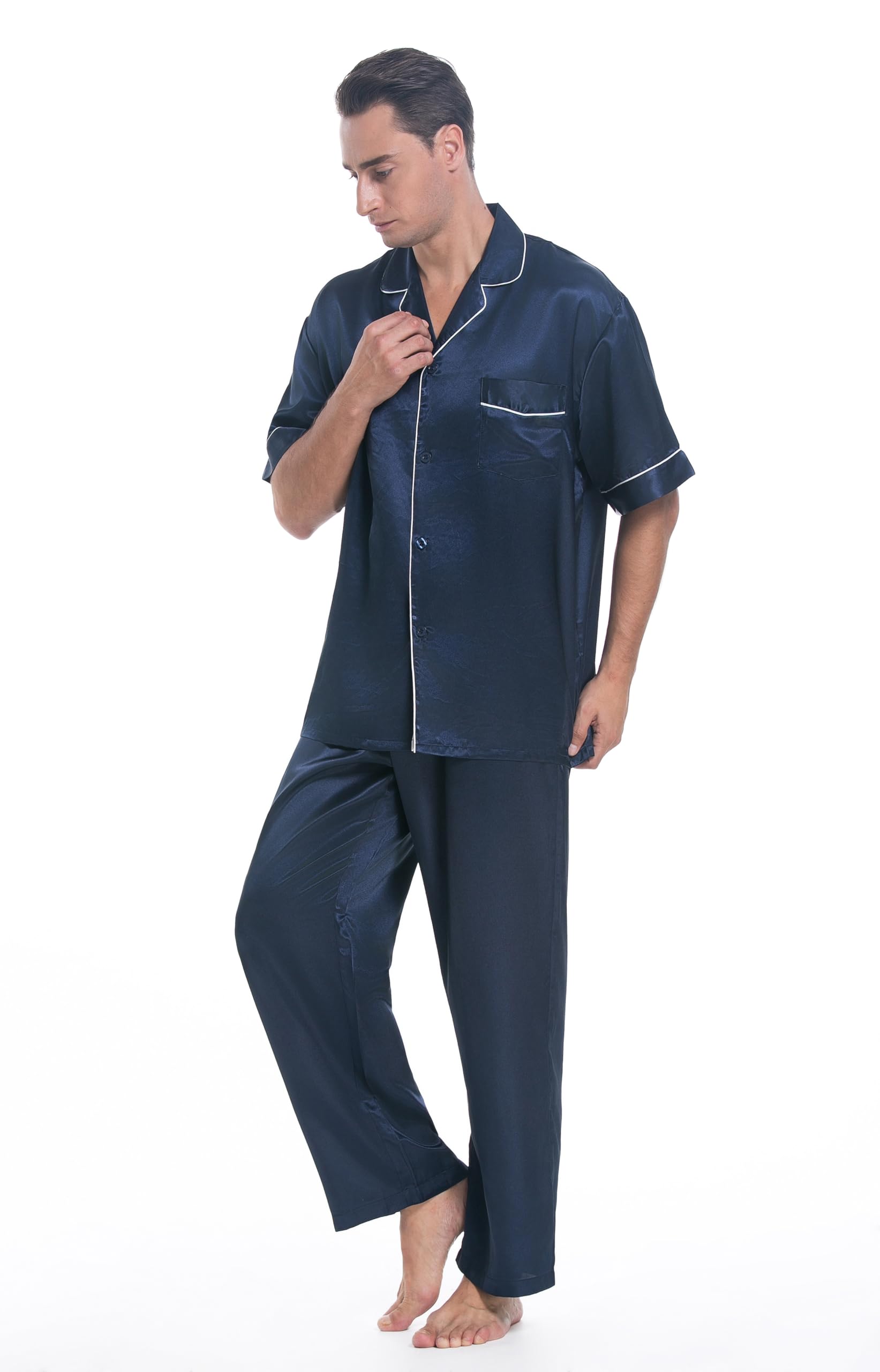 Lavenderi Men's Short Sleeve Silk Satin Pajama Set - Soft & Breathable Sleepwear for Lounge & Nightwear - Perfect for Relaxing at Home, Travel & Gifts